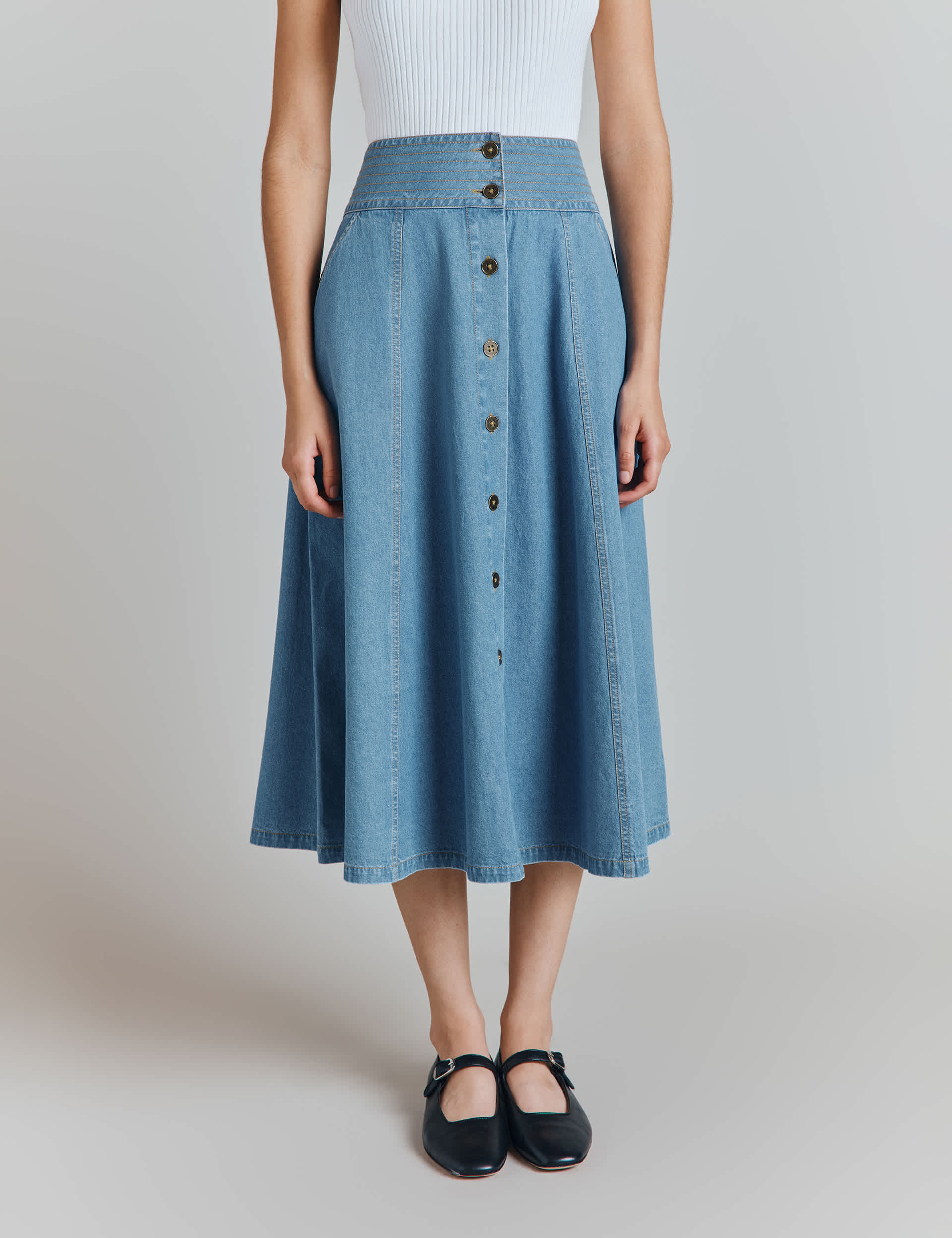 Ghost Women's Denim Button Front Midi A-Line Skirt