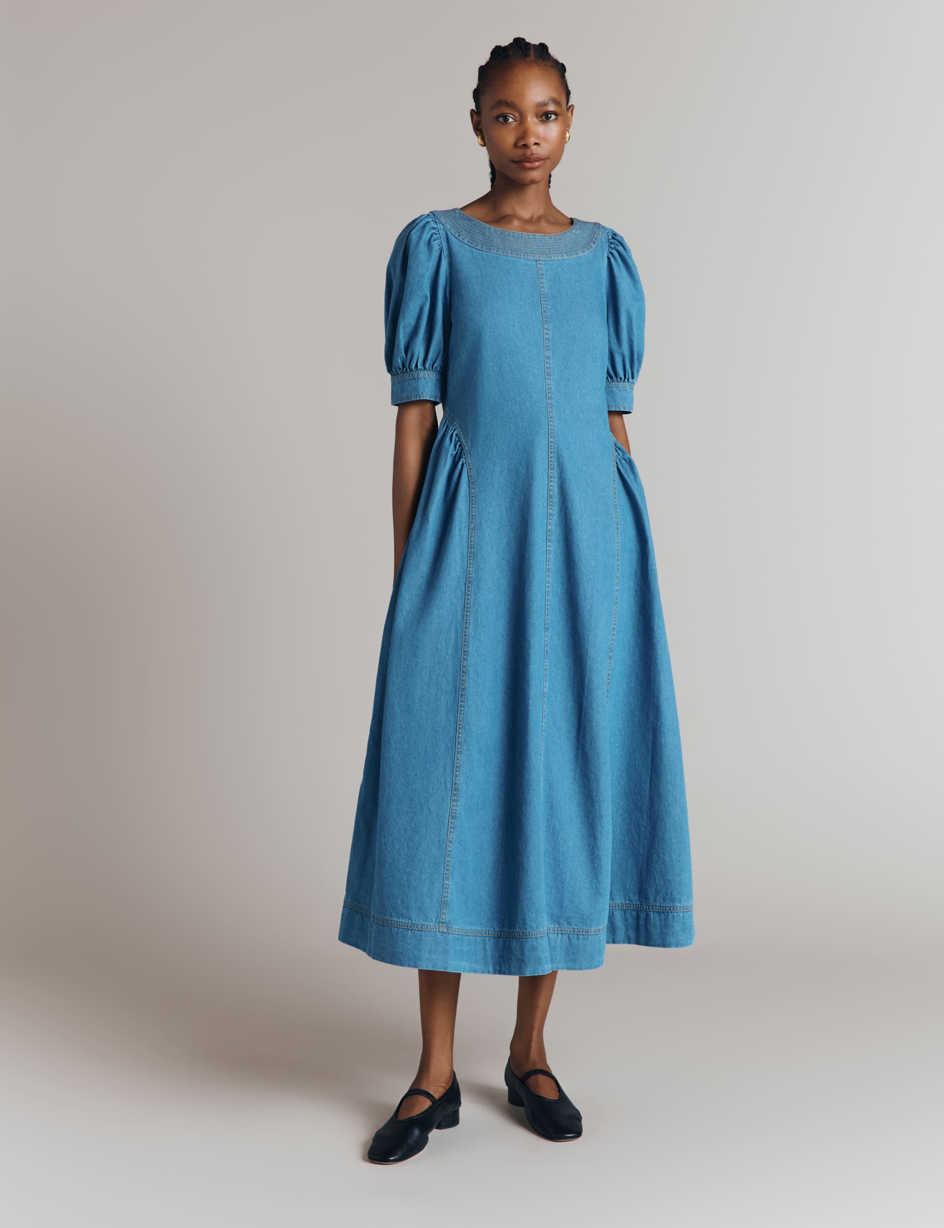 Ghost Women's Denim Puff Sleeve Midaxi Tea Dress - Blue, Blue