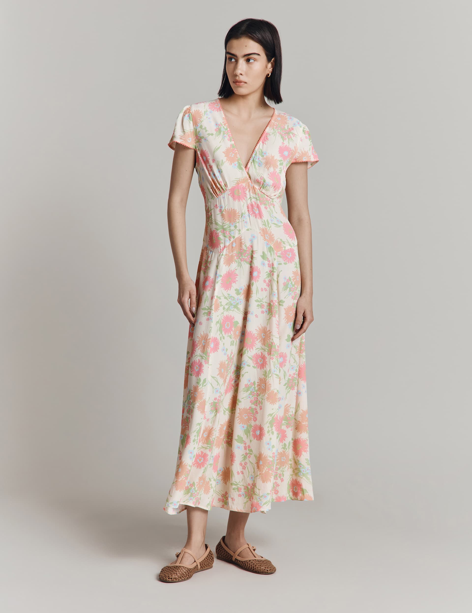 Ghost Women's Crepe Floral V-Neck Midi Tea Dress