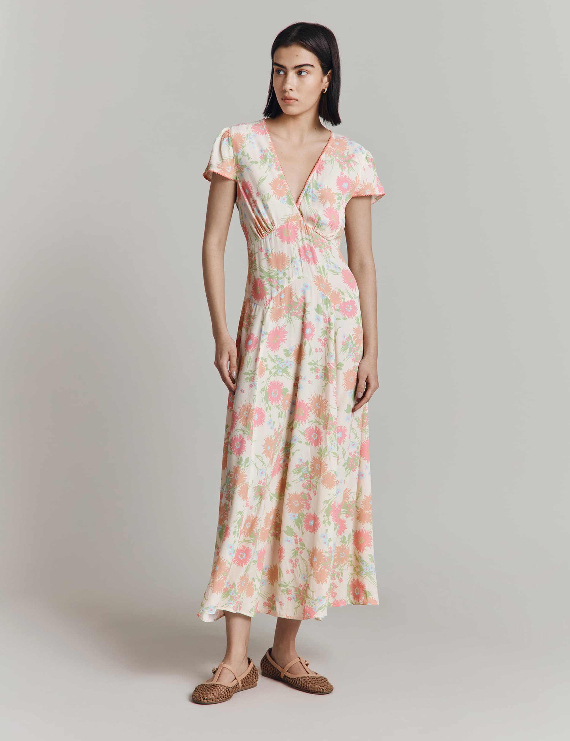 Ghost Women's Crepe Floral V-Neck Midi Tea Dress - Natural Mix, Natural Mix