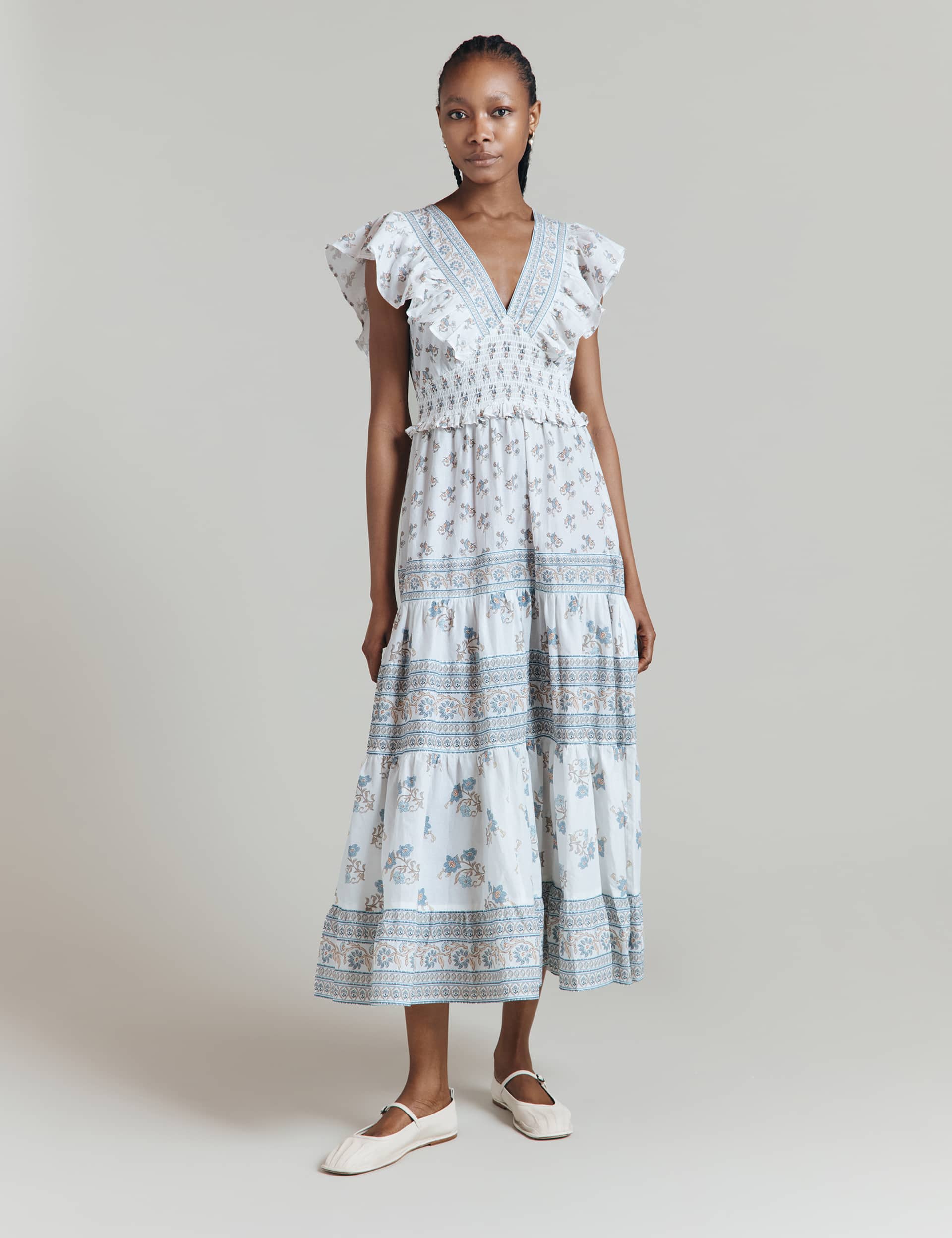 Ghost Women's Pure Cotton Floral V-Neck Maxi Tea Dress