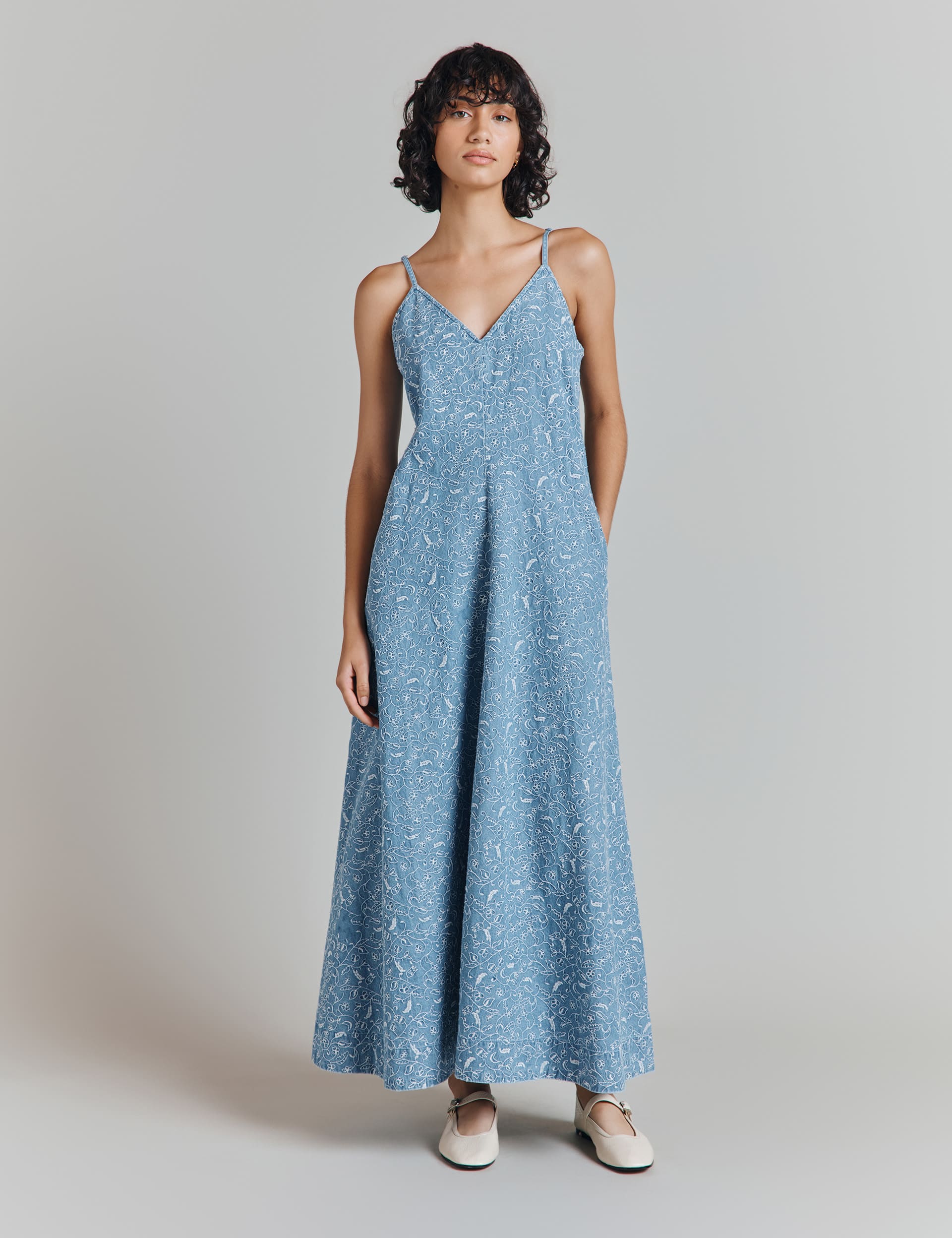 Ghost Women's Pure Cotton Denim Embroidered Midi Slip Dress