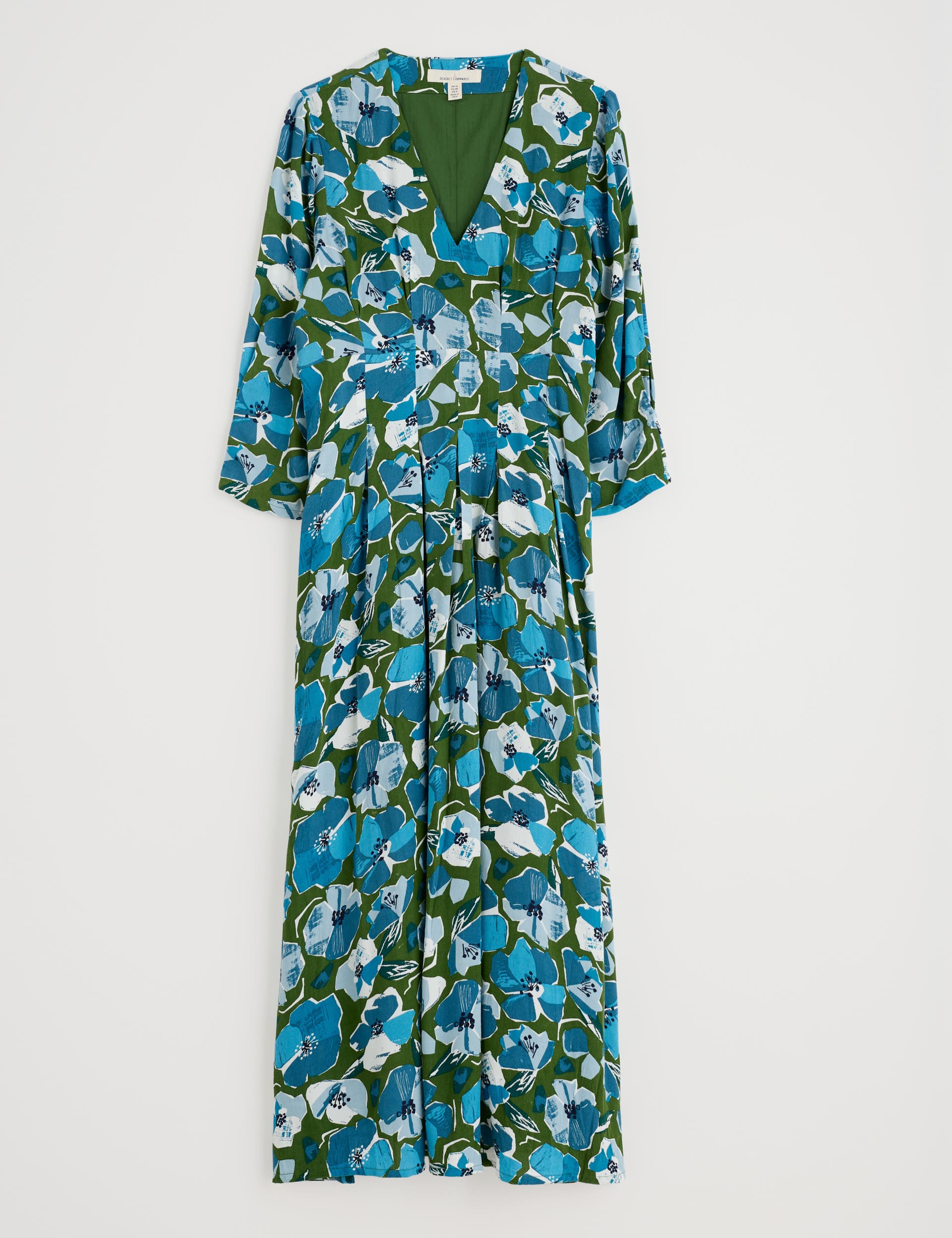 Seasalt Cornwall Women's Floral V-Neck Midaxi Waisted Dress - 14REG - Teal Mix, Teal Mix