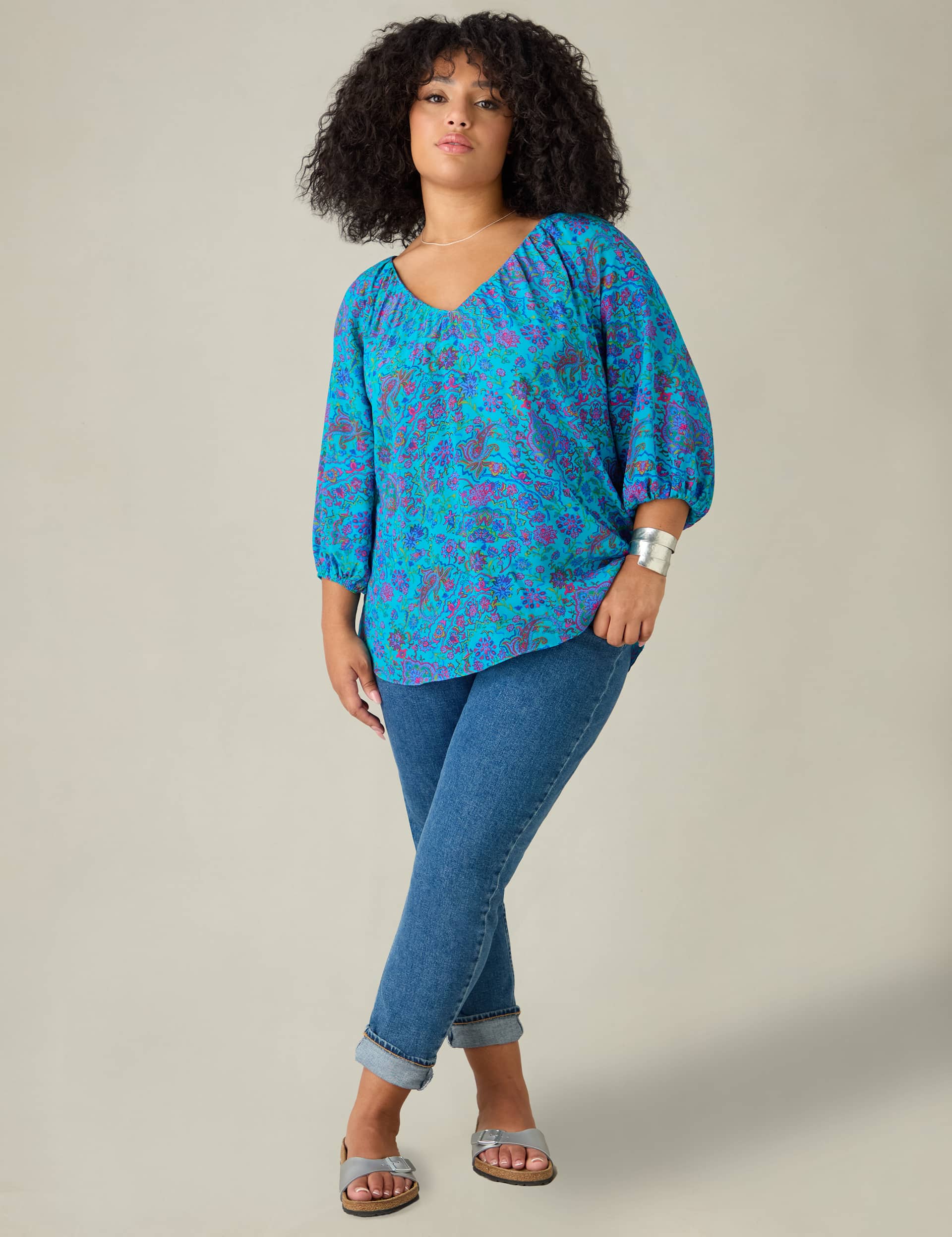 Live Unlimited London Women's Paisley Gathered V-neck Top - 20 - Blue Mix, Blue Mix