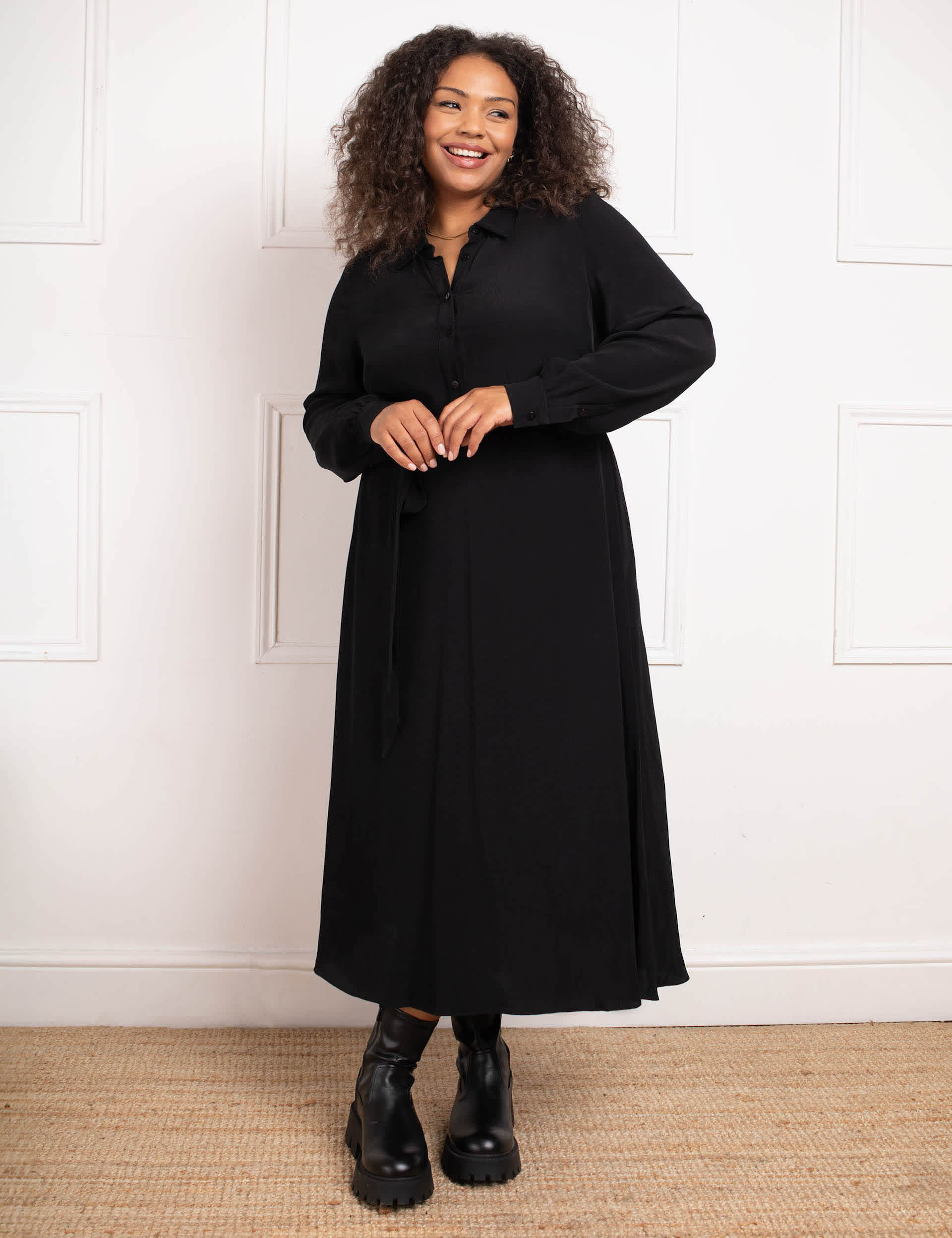 Live Unlimited London Women's Button Front Belted Midi Shirt Dress - 18REG - Black, Black