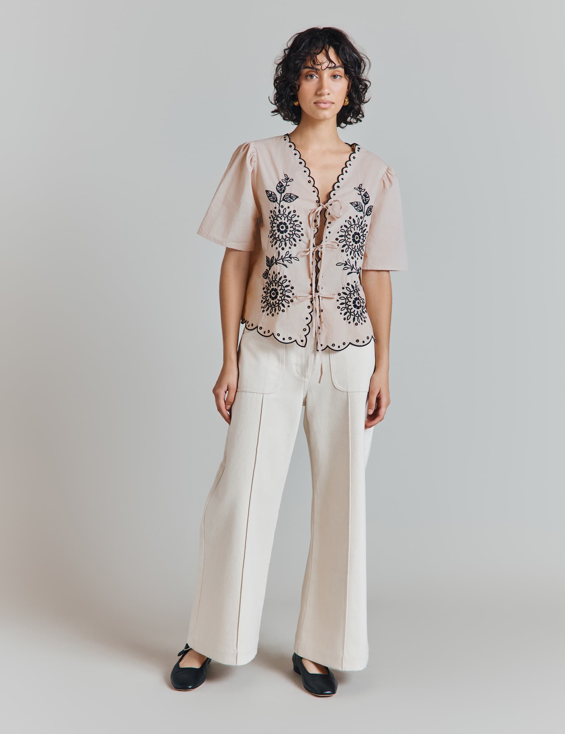 Ghost Women's Pure Cotton Embroidered Tie Front Blouse