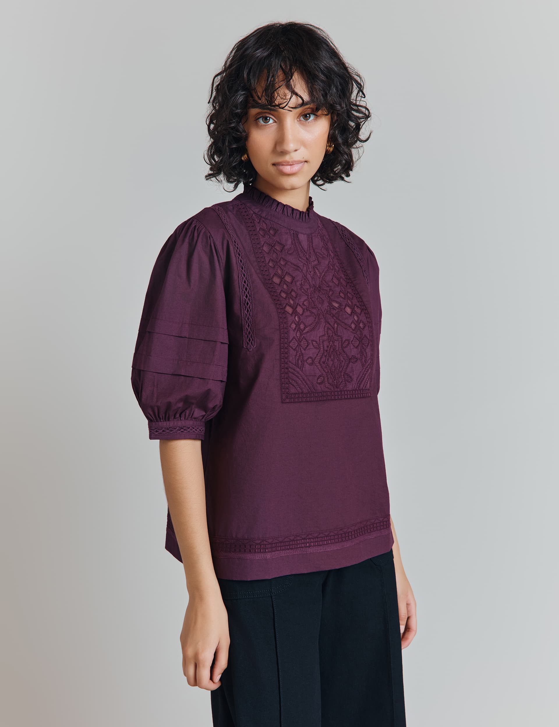 Ghost Women's Pure Cotton Embroidered Lace Detail Blouse - XS - Purple, Purple,Green