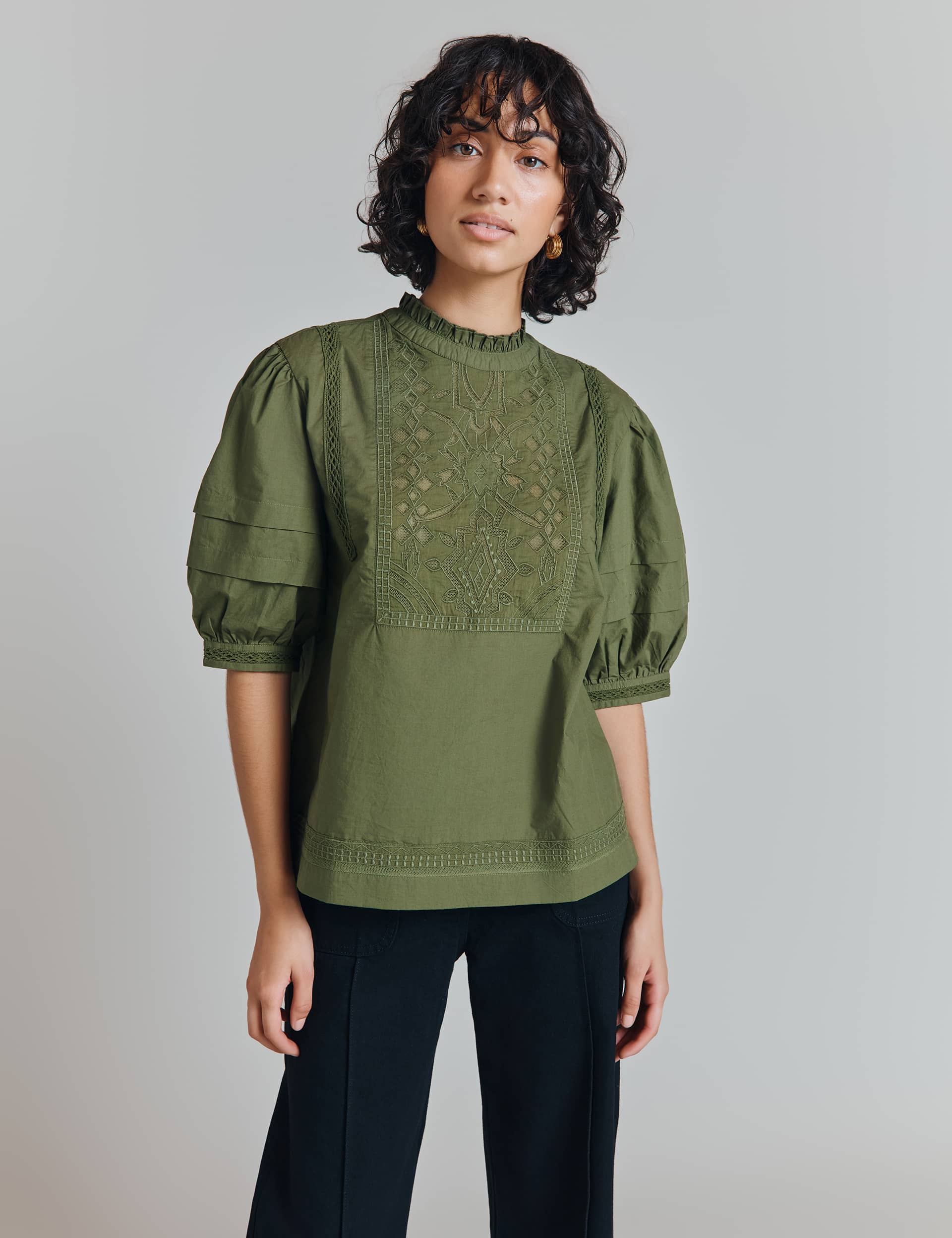 Ghost Women's Pure Cotton Embroidered Lace Detail Blouse - Green, Green,Purple