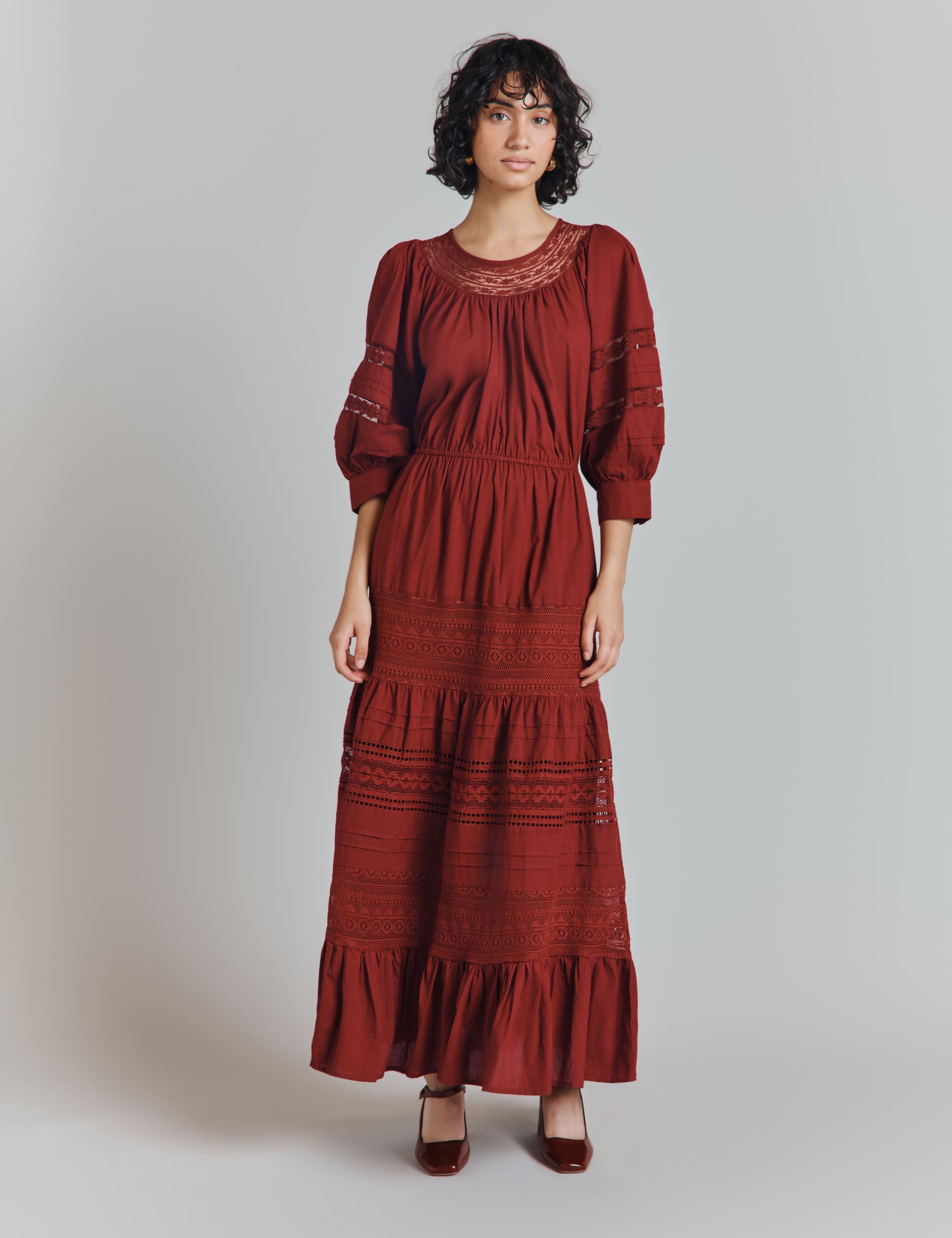 Ghost Women's Pure Cotton Embroidered Midi Tiered Dress - L - Burgundy, Burgundy,Grey