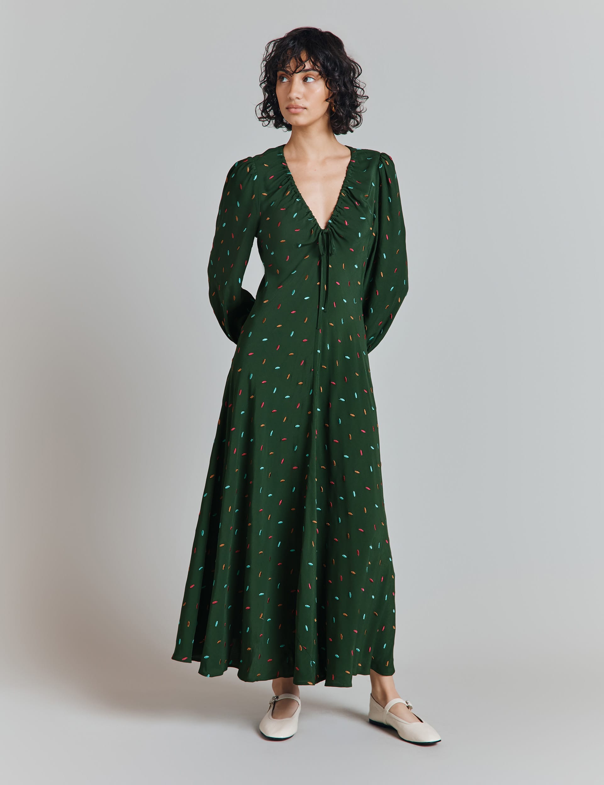 Ghost Women's Crepe Embroidered Midaxi Bias Cut Dress - Dark Green, Dark Green