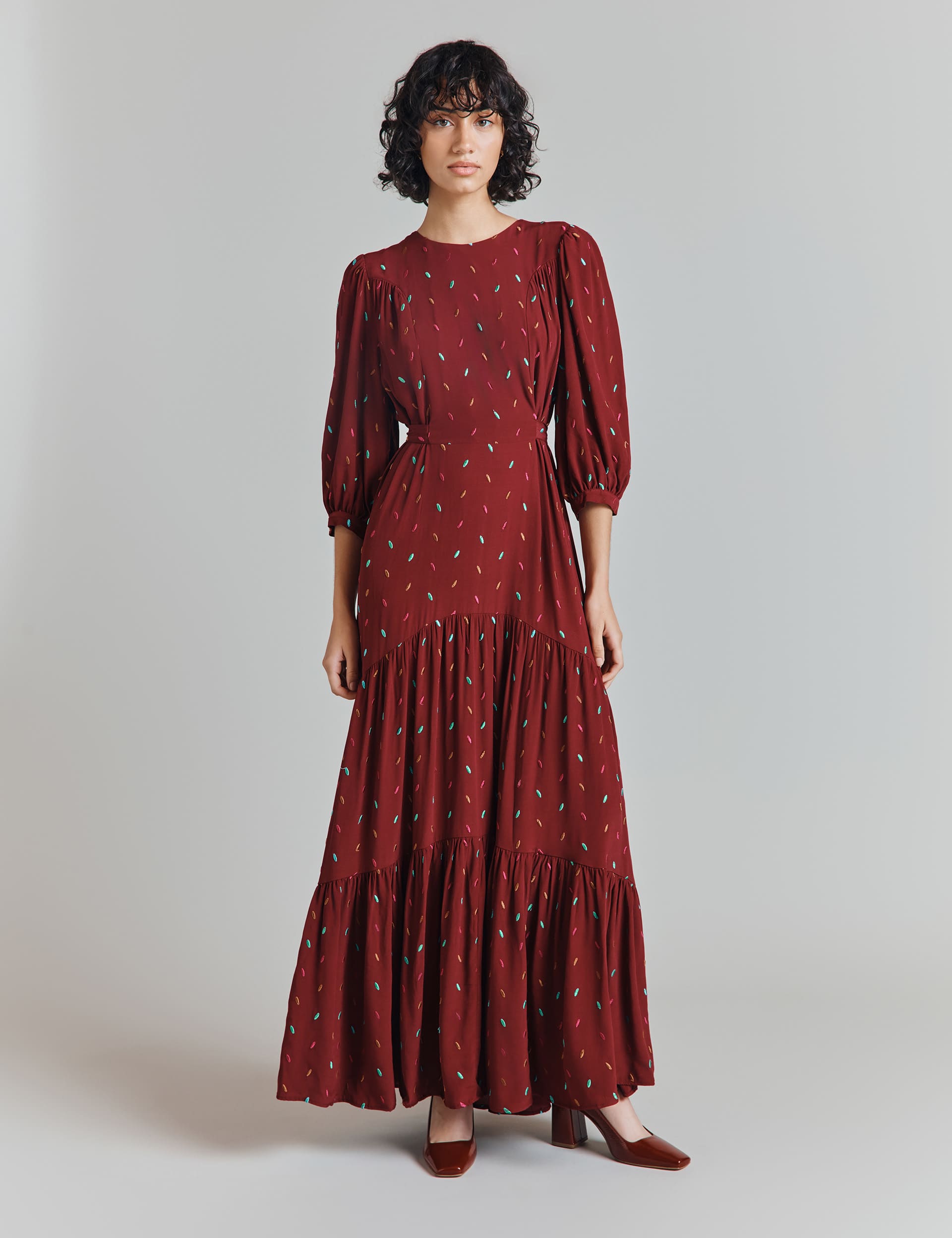 Ghost Women's Crepe Embroidered Tie Back Maxi Tiered Dress - L - Burgundy, Burgundy