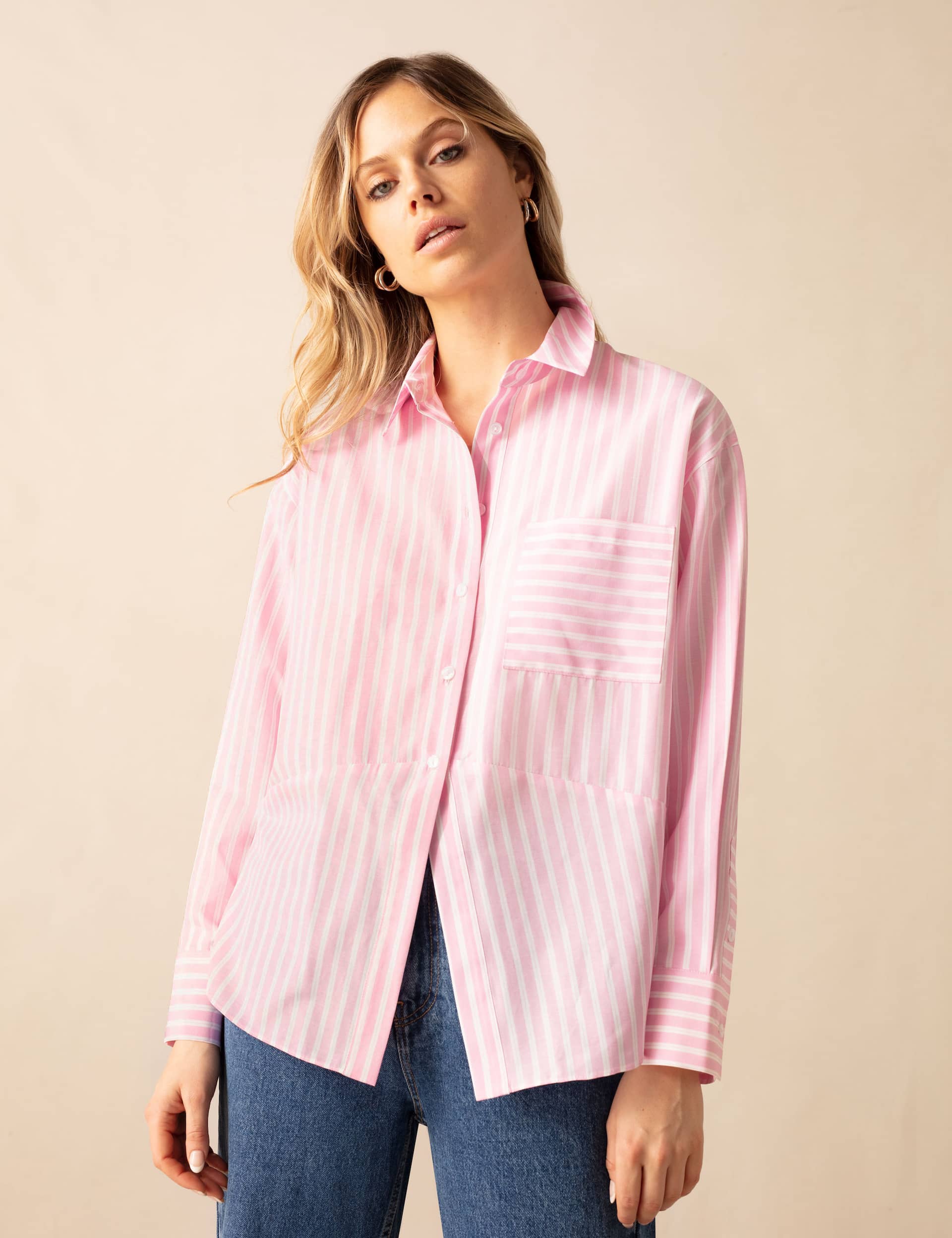 Ro&Zo Women's Cotton Blend Striped Collared Relaxed Shirt