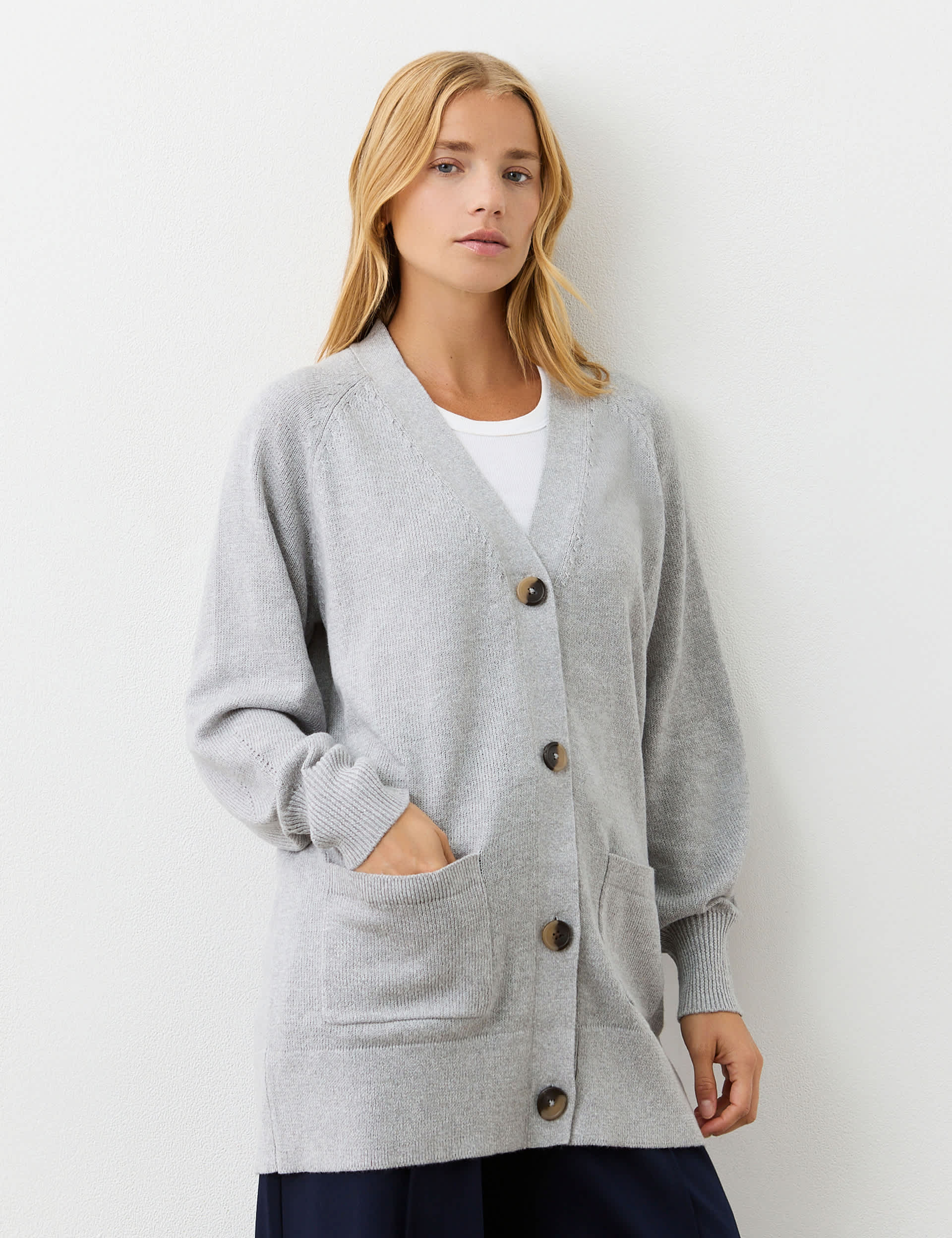 Finery London Women's Cotton Rich V-Neck Button Front Cardigan - 12 - Grey, Grey,Green,Navy