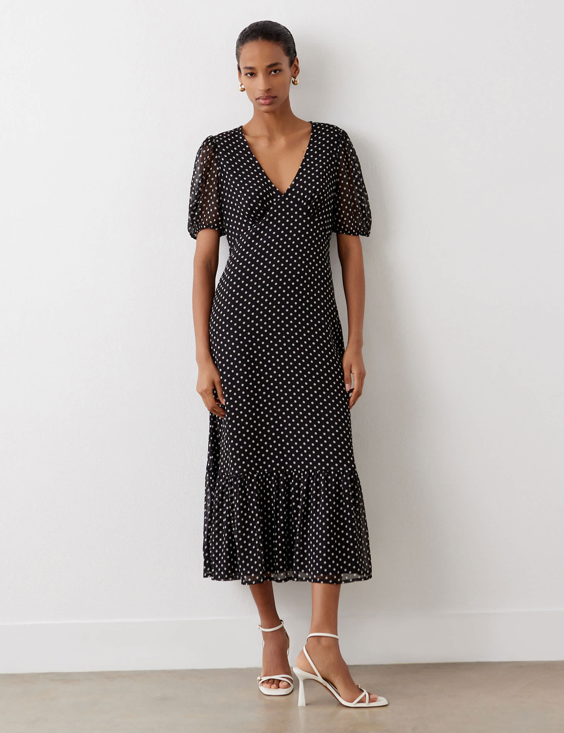 Finery London Women's Polka Dot V-Neck Midi Tiered Dress - 14 - Black Mix, Black Mix