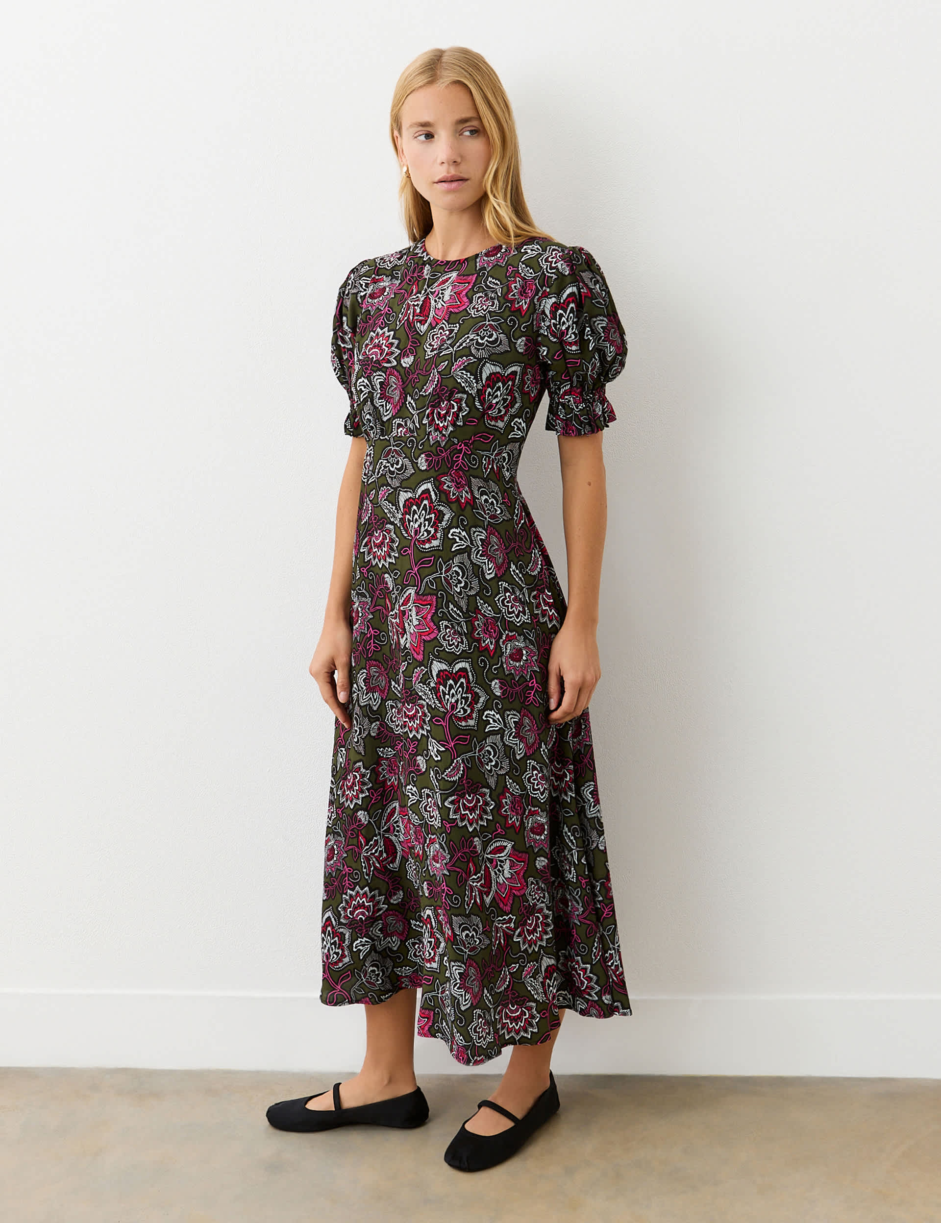 Finery London Women's Crepe Floral Midi Waisted Dress - 8 - Green Mix, Green Mix