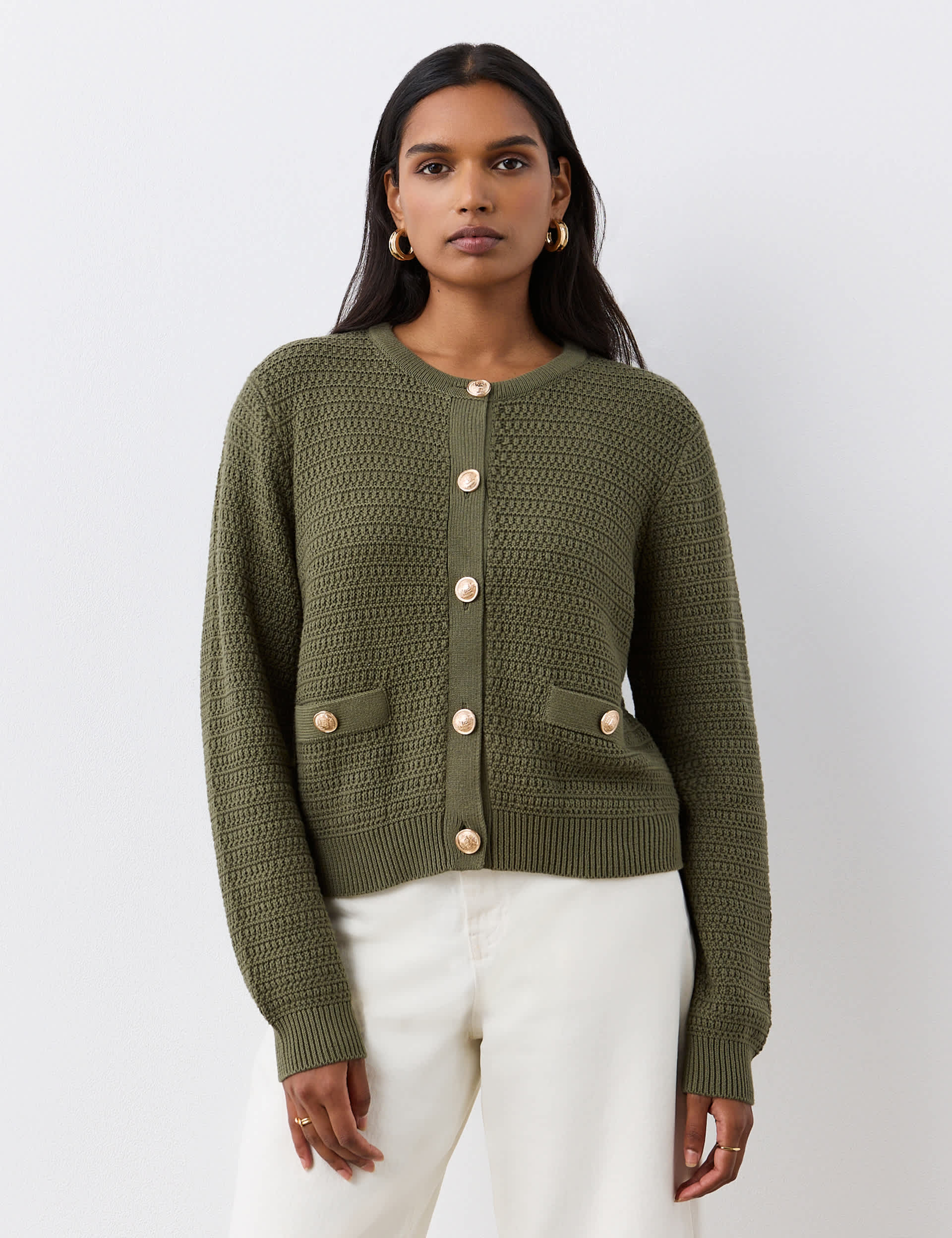 Finery London Women's Pure Cotton Textured Button Front Cardigan - 16 - Khaki, Khaki,Navy