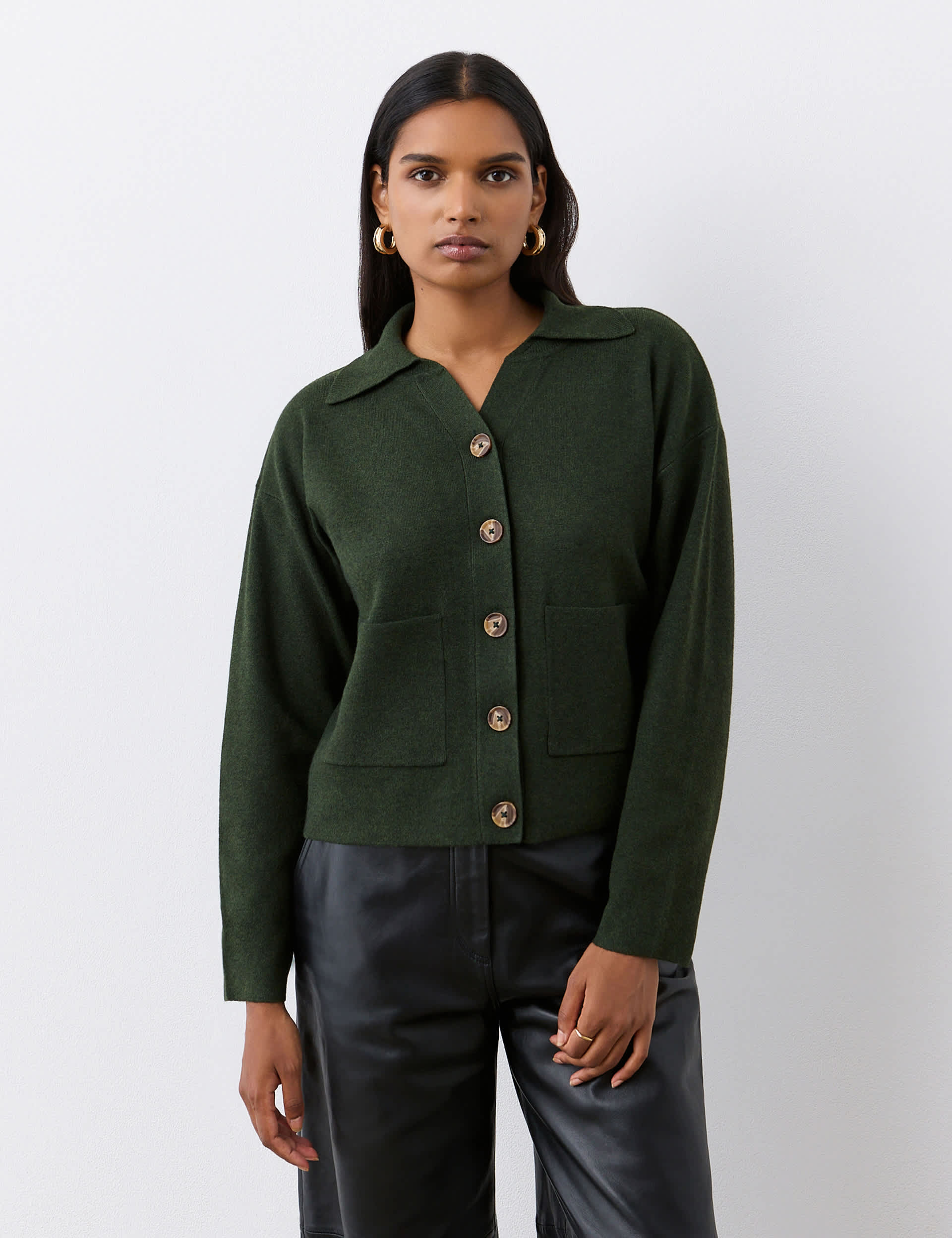 Finery London Women's Collared Button Front Cardigan - 16 - Green, Navy,Green,Natural