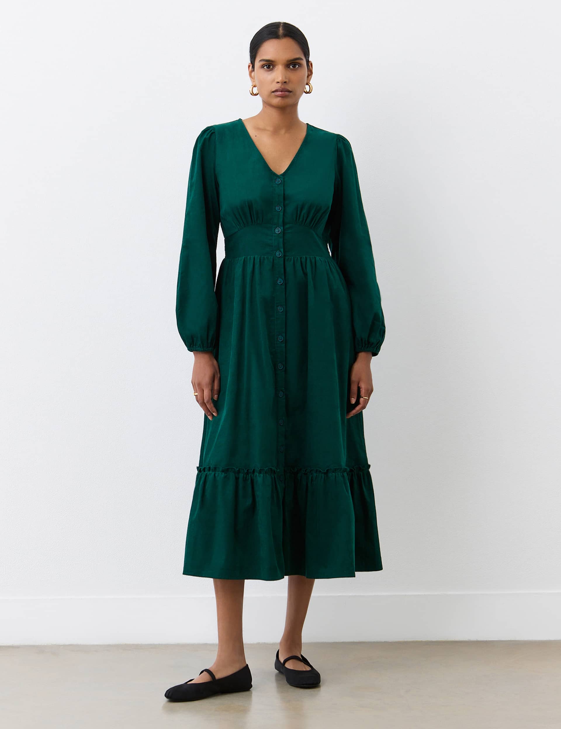 Finery London Women's Pure Cotton Cord V-Neck Midi Dress - 18 - Green, Green,Navy,Black