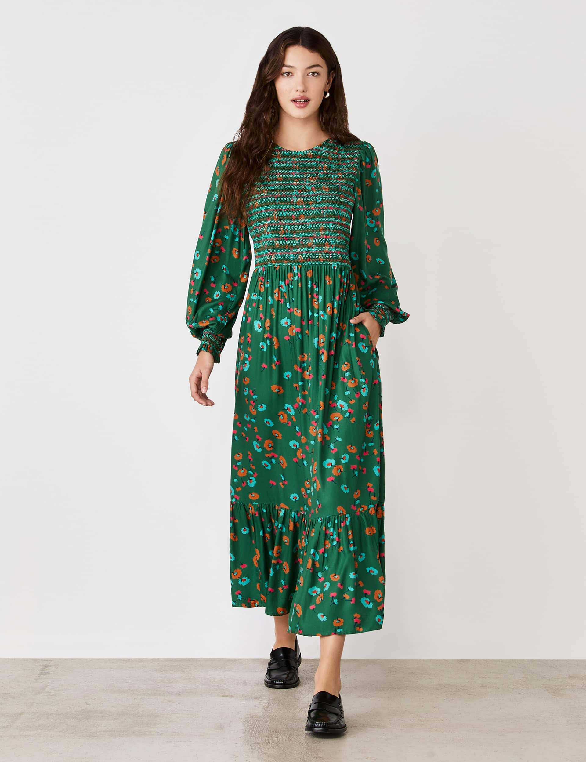 Finery London Women's Floral Shired Midi Smock Dress - 12 - Green Mix, Green Mix