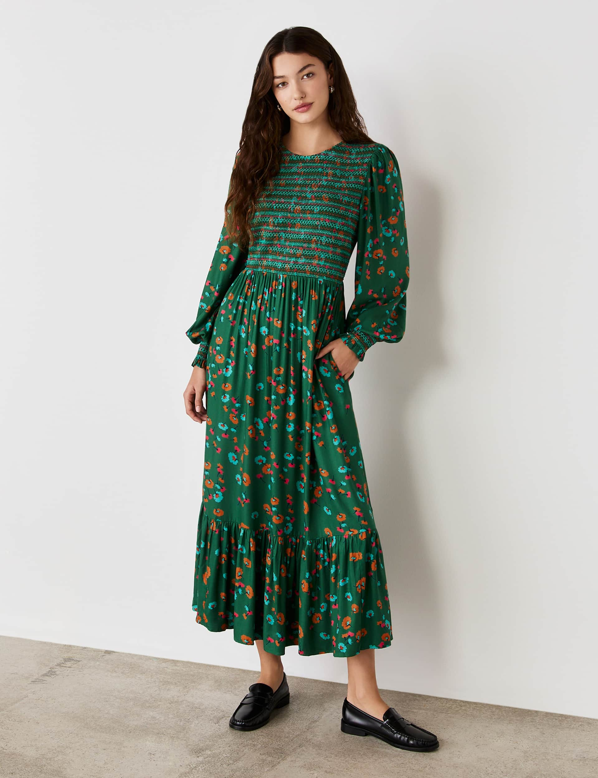 Finery London Women's Floral Shired Midi Smock Dress - 16 - Green Mix, Green Mix