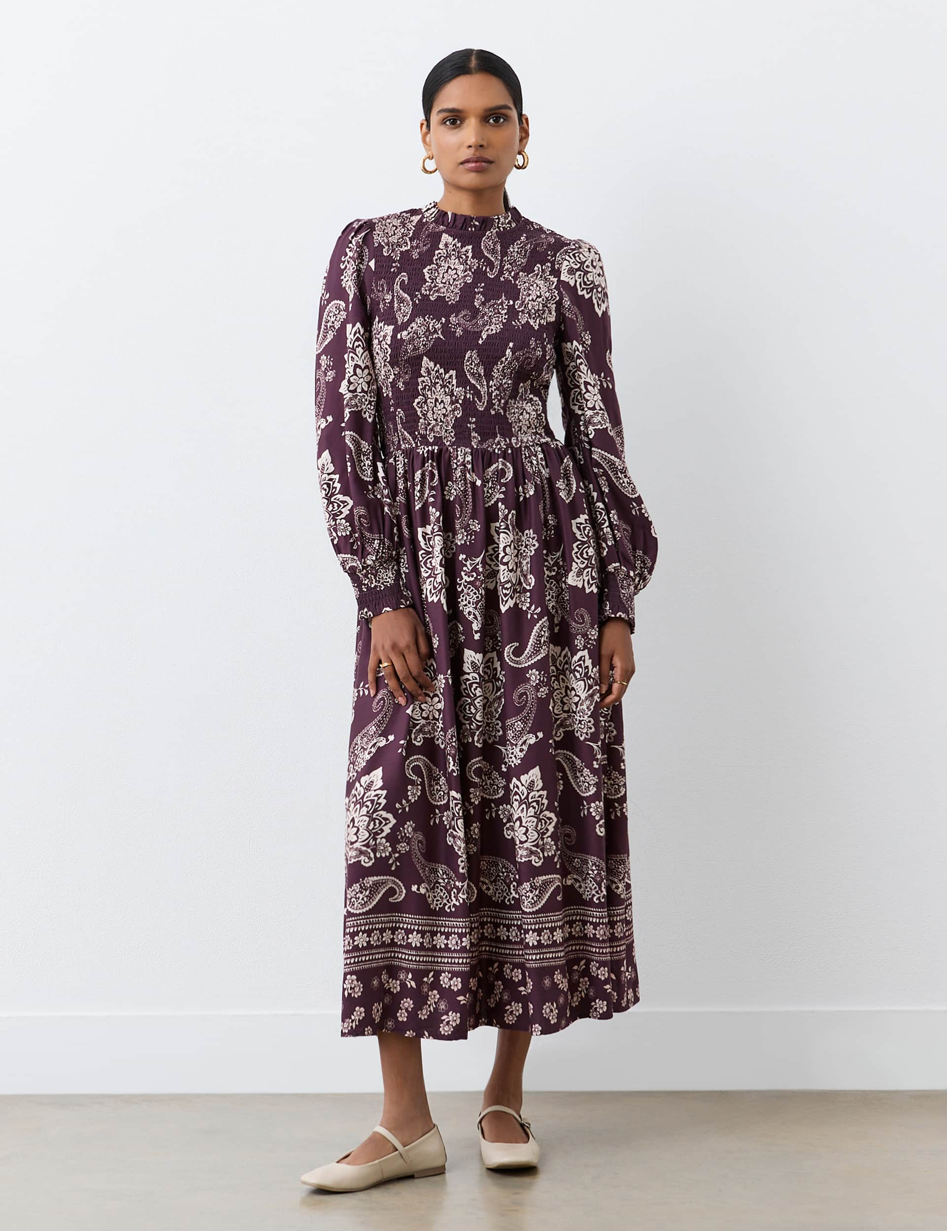 Finery London Women's Printed Shirred Midi Smock Dress - 16 - Purple Mix, Purple Mix,Green Mix