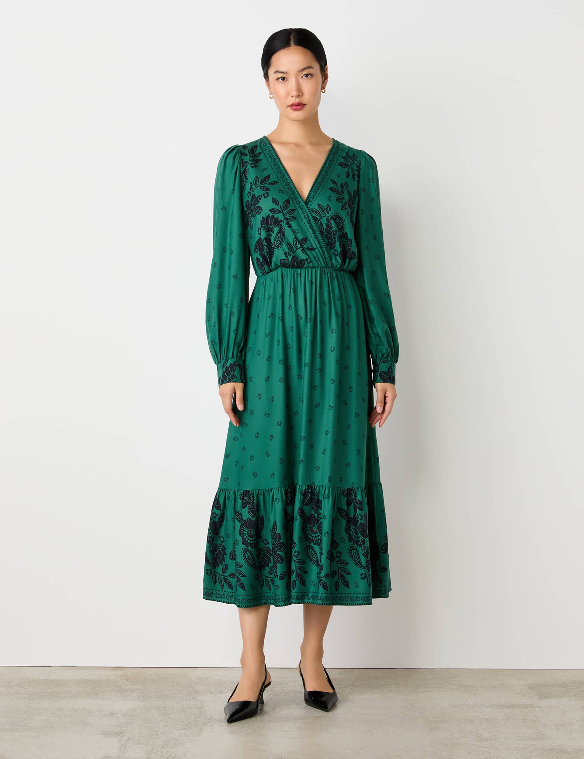 Finery London Women's Floral V-Neck Midi Smock Dress - 12 - Green Mix, Black Mix,Green Mix