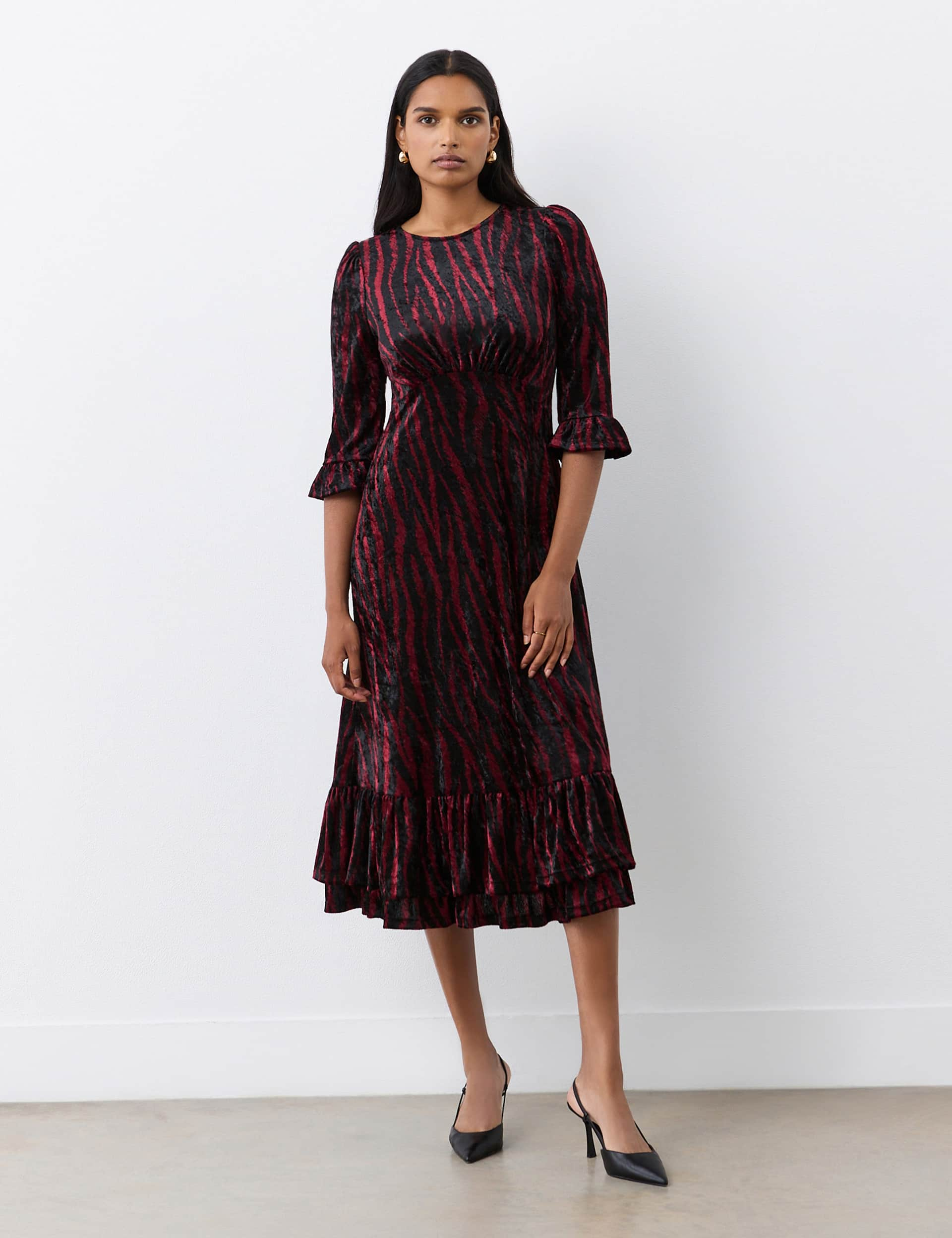 Finery London Women's Animal Print Velvet Midi Tiered Dress - 8 - Burgundy Mix, Burgundy Mix