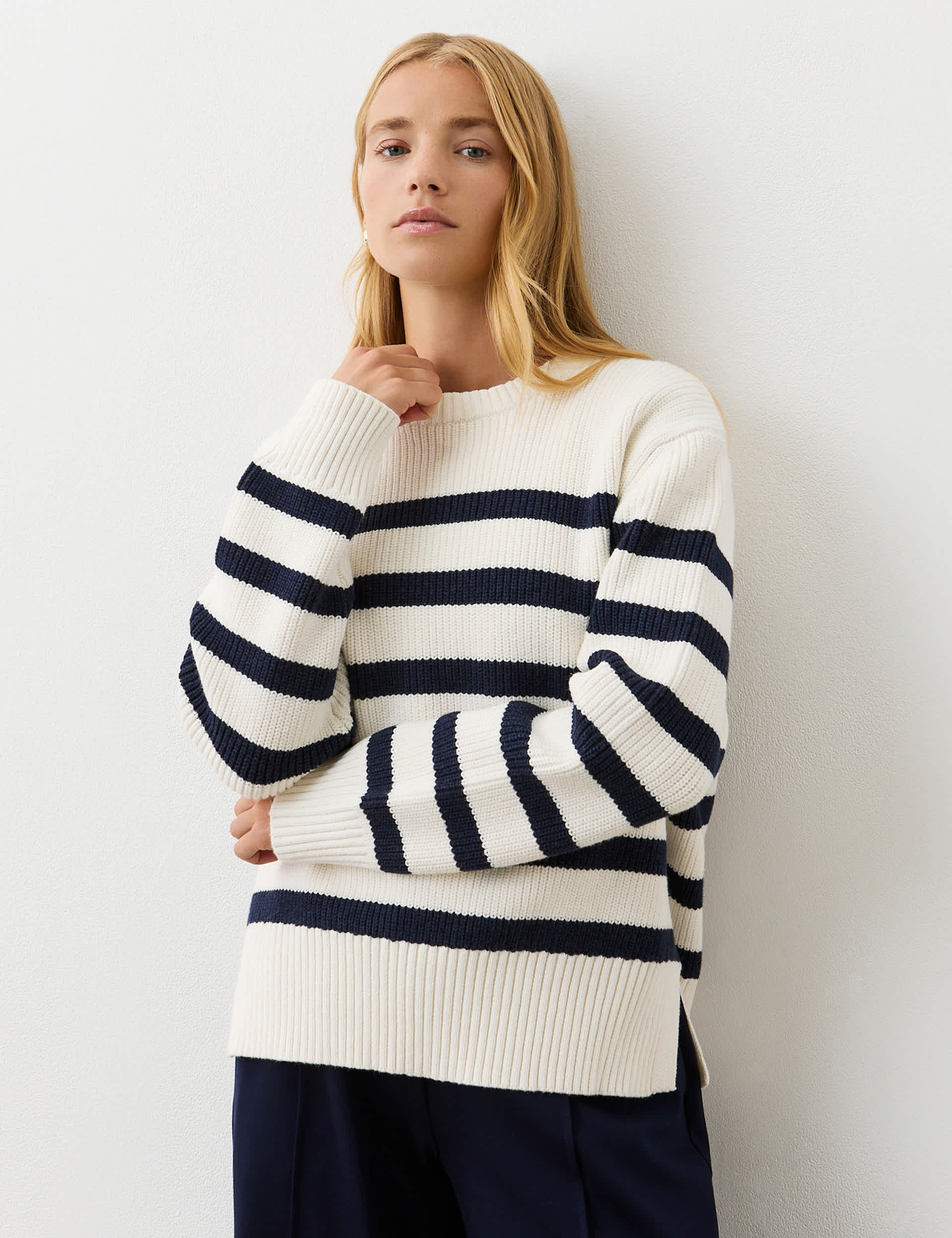 Finery London Women's Cotton Rich Striped Ribbed Crew Neck Jumper - 16 - Ivory Mix, Pink Mix,Ivory M