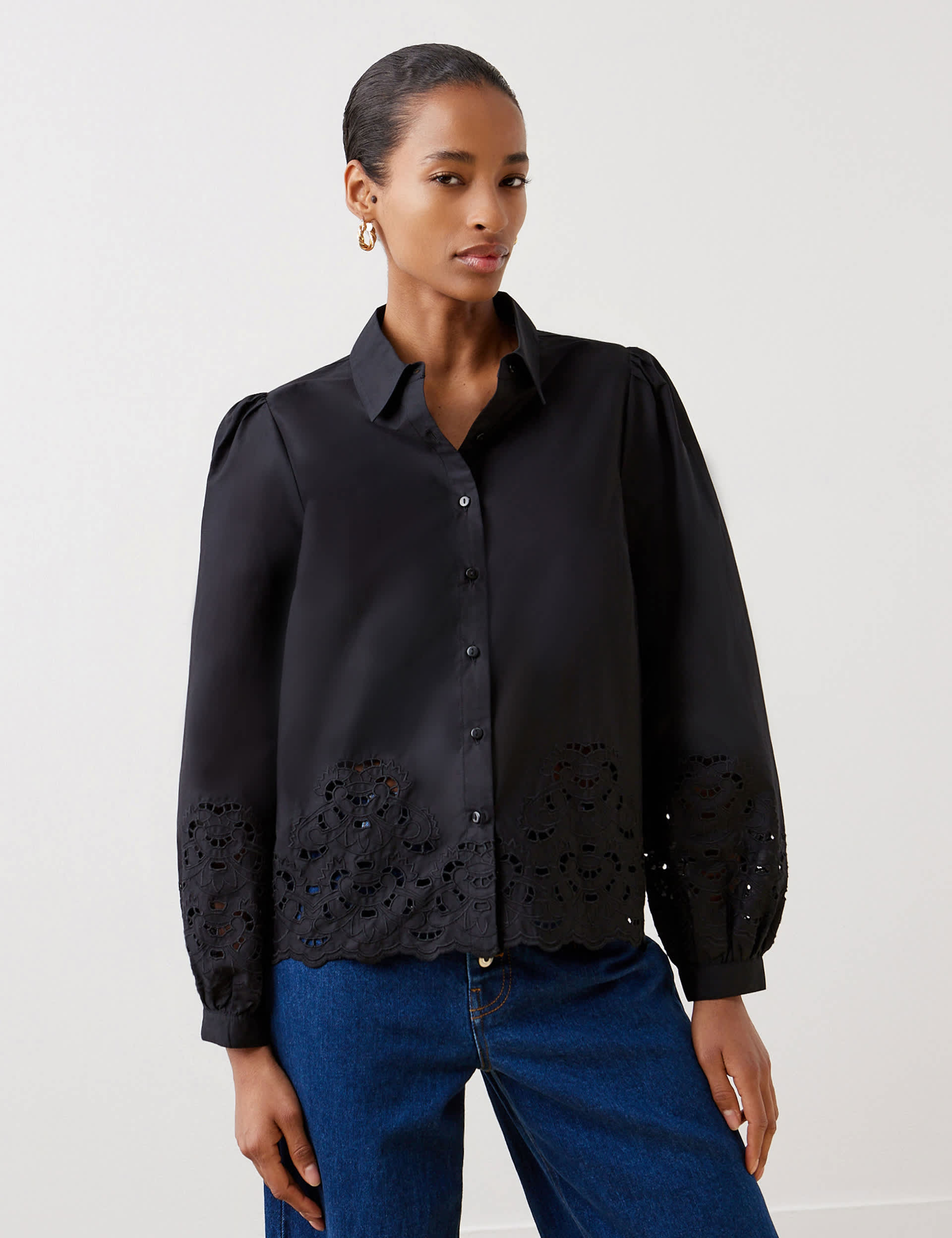 Finery London Women's Pure Cotton Embroidered Shirt - 16 - Black, White,Black