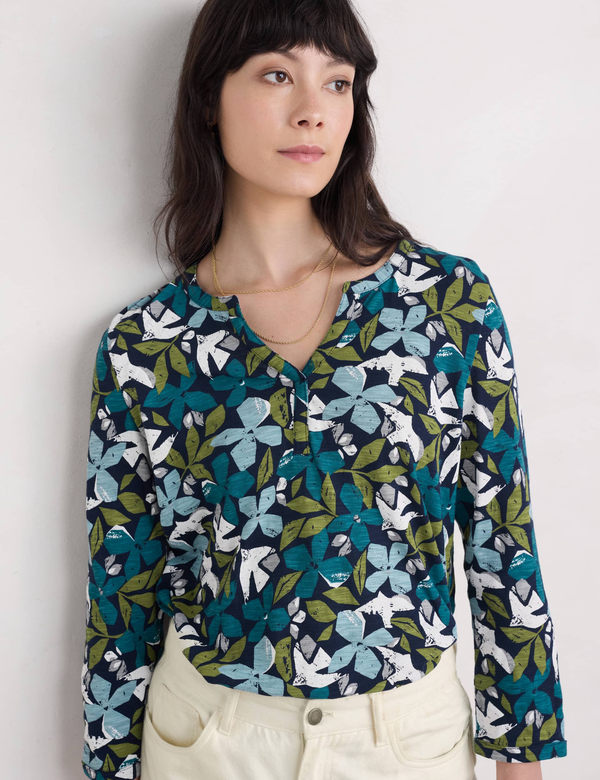 Seasalt Cornwall Women's Pure Cotton Floral Slim Fit Notch Neck Top - 12 - Teal Mix, Teal Mix