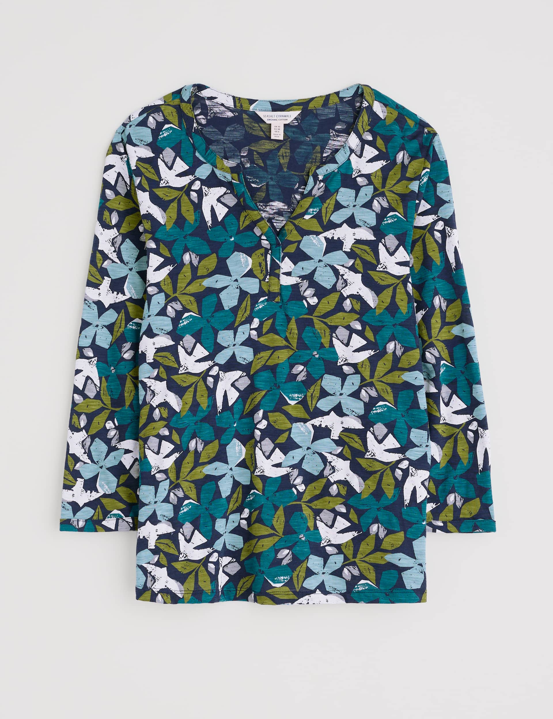 Seasalt Cornwall Women's Pure Cotton Floral Slim Fit Notch Neck Top - 12 - Teal Mix, Teal Mix