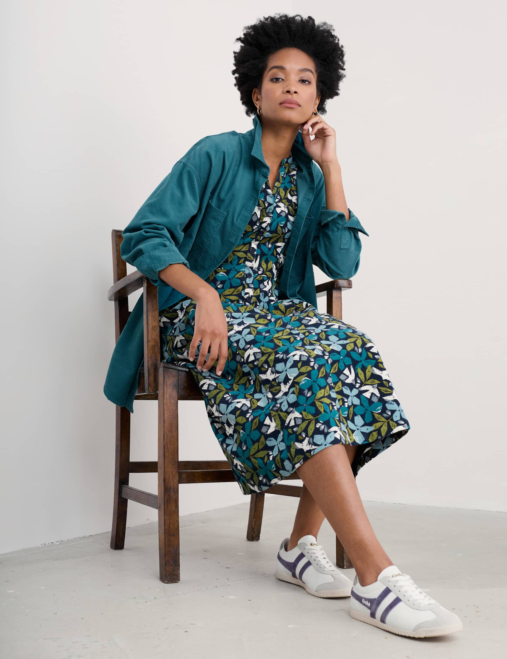 Seasalt Cornwall Women's Pure Cotton Floral Notch Neck Midi Dress - 14REG - Teal Mix, Teal Mix