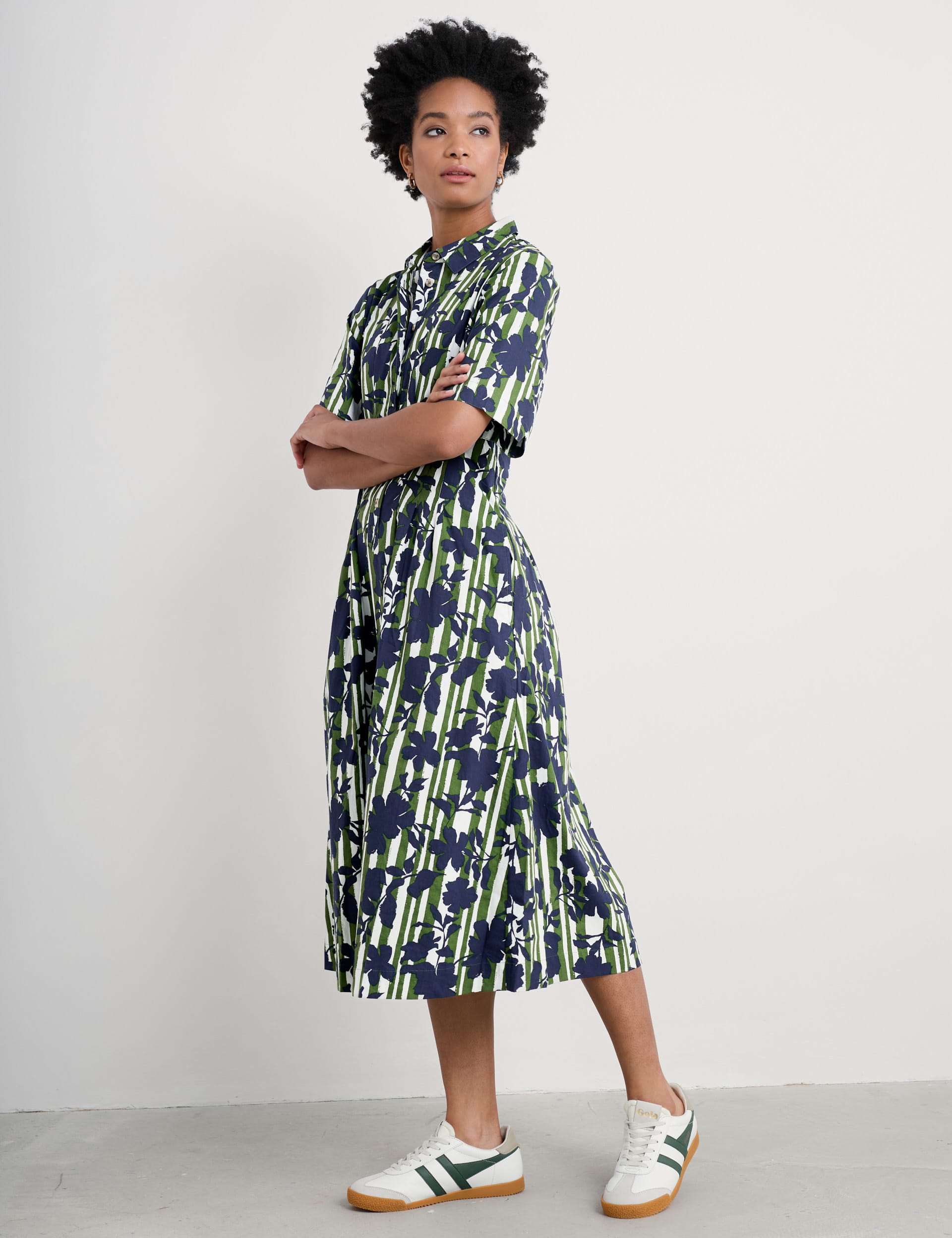 Seasalt Cornwall Women's Pure Cotton Floral Midi Shirt Dress - 12 - Green Mix, Green Mix