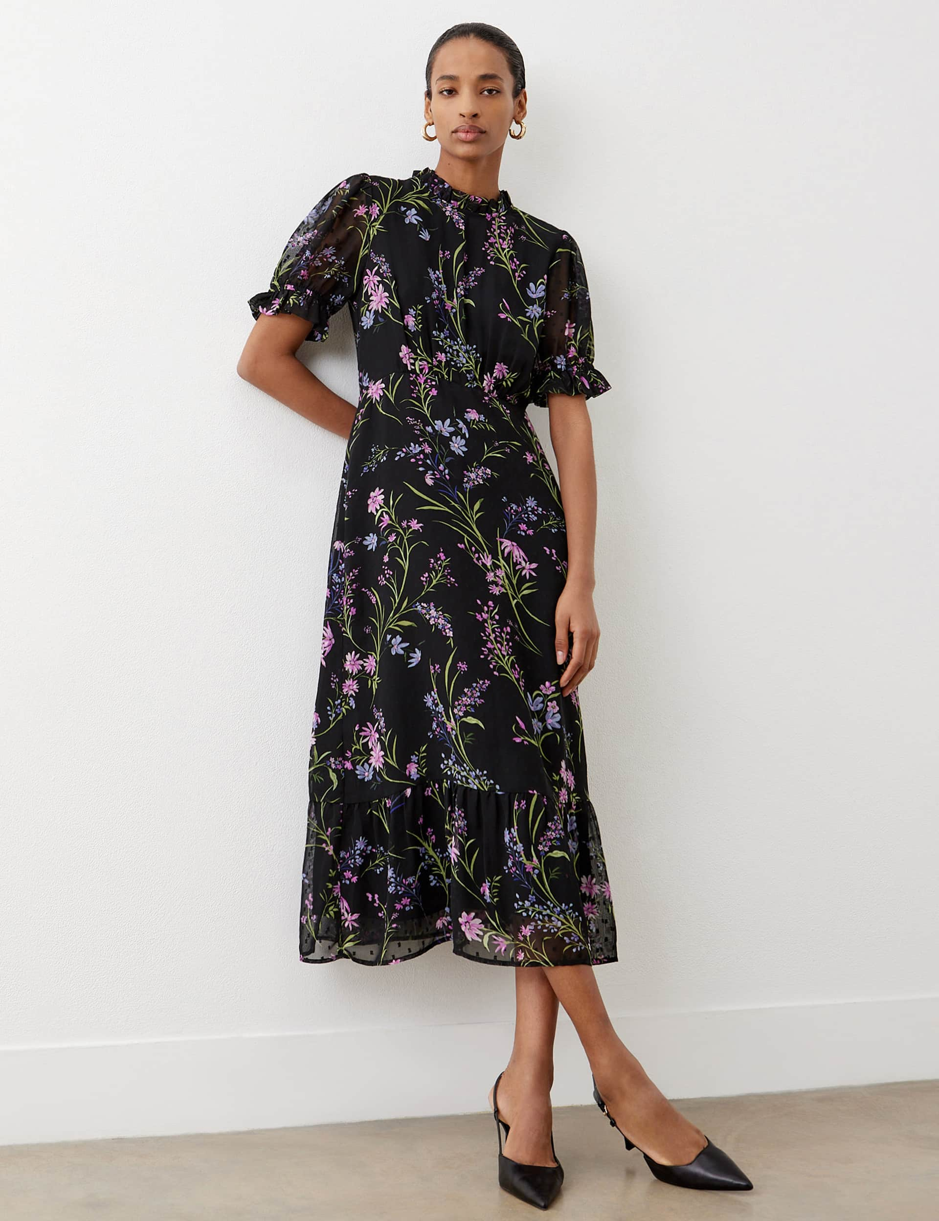 Finery London Women's Floral Frill Sleeve Midi Tea Dress - 20 - Black Mix, Black Mix