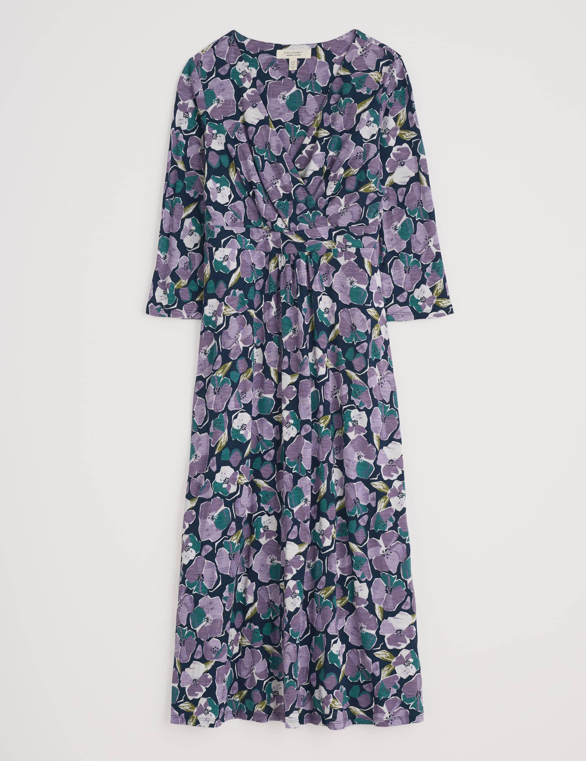 Seasalt Cornwall Women's Pure Cotton Floral V-Neck Midi Wrap Dress - 14REG - Purple Mix, Purple Mix