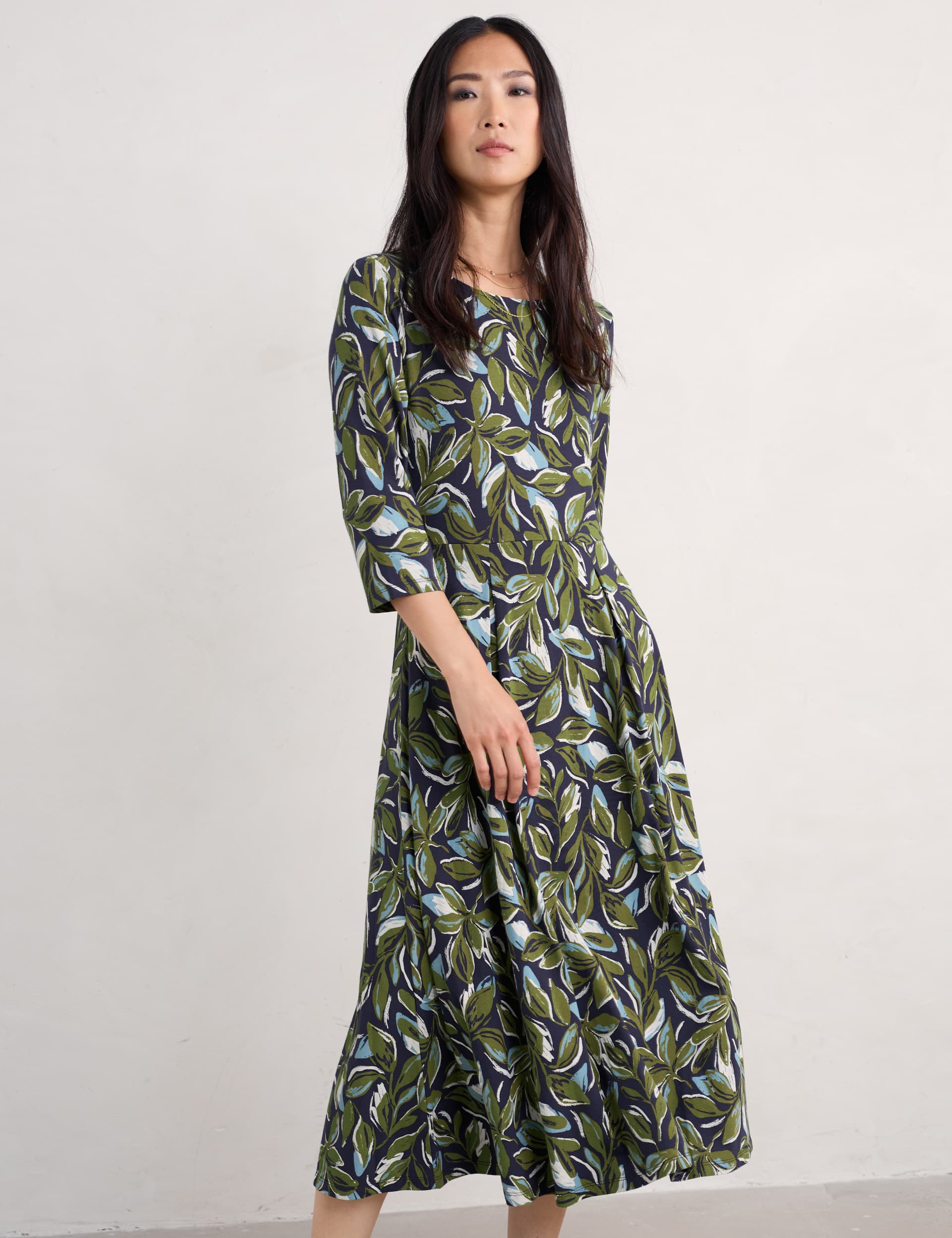 Seasalt Cornwall Women's Cotton Rich Floral Slash Neck MidiDress - 14REG - Green Mix, Green Mix