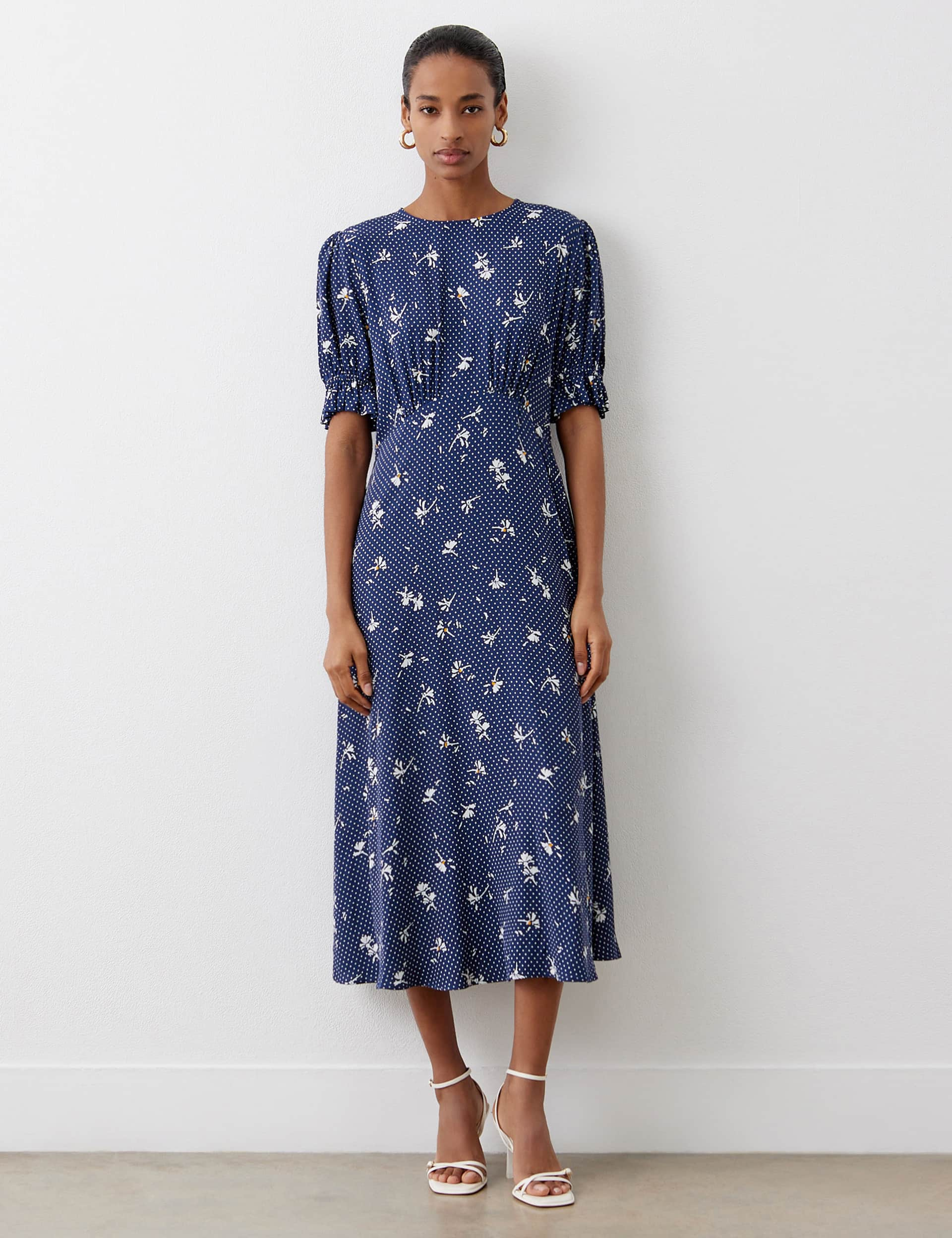 Finery London Women's Floral Round Neck Puff Sleeve Midi Tea Dress - 16 - Navy Mix, Navy Mix