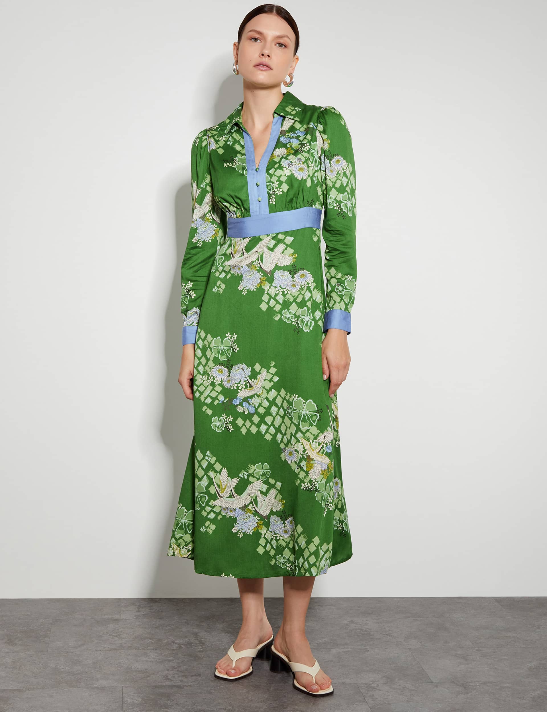 Monsoon Women's Printed V-Neck Midi Shirt Dress - 18 - Green Mix, Green Mix