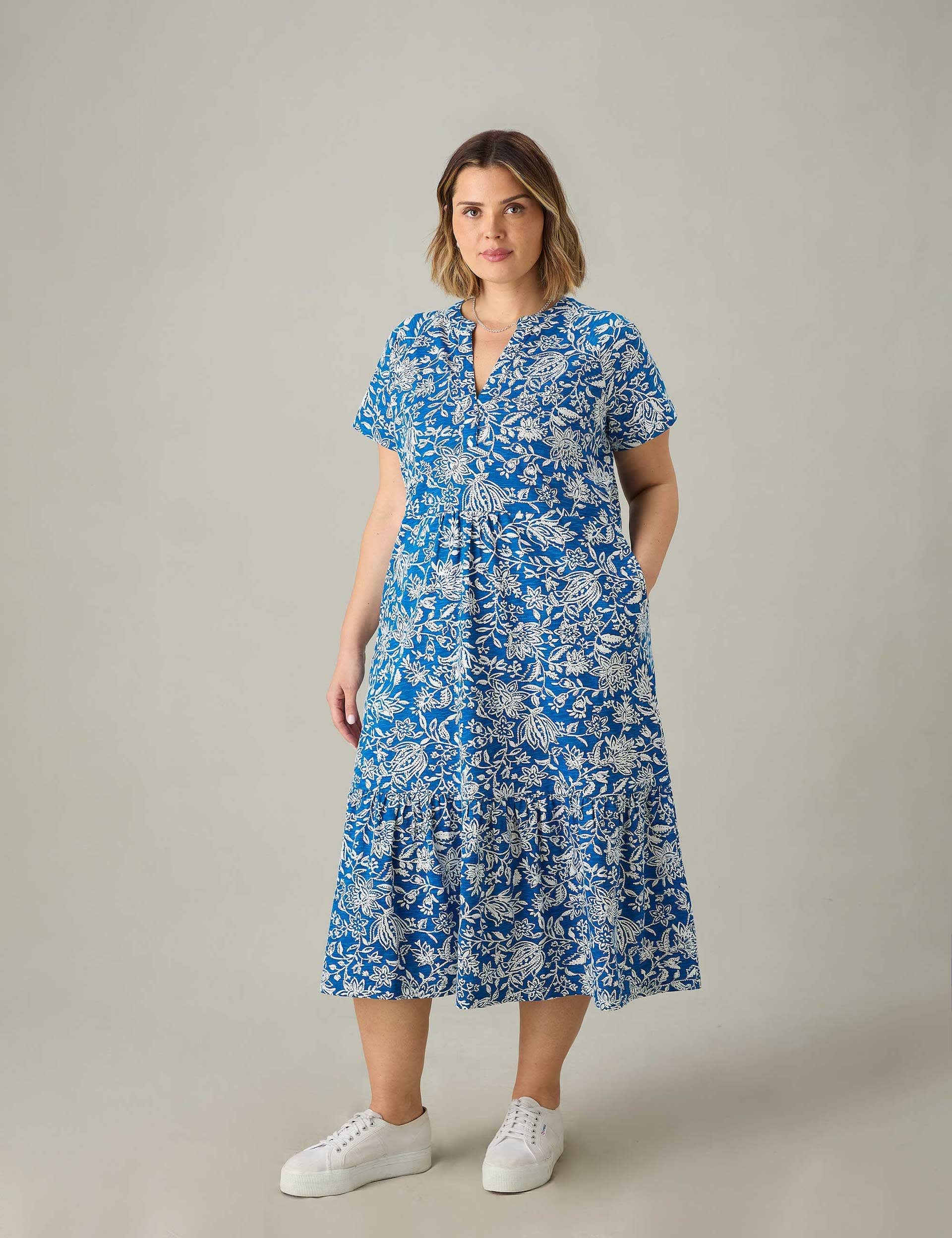 Live Unlimited London Women's Jersey Paisley Notch Neck Midi Tiered Dress - 16 - Blue Mix, Blue Mix