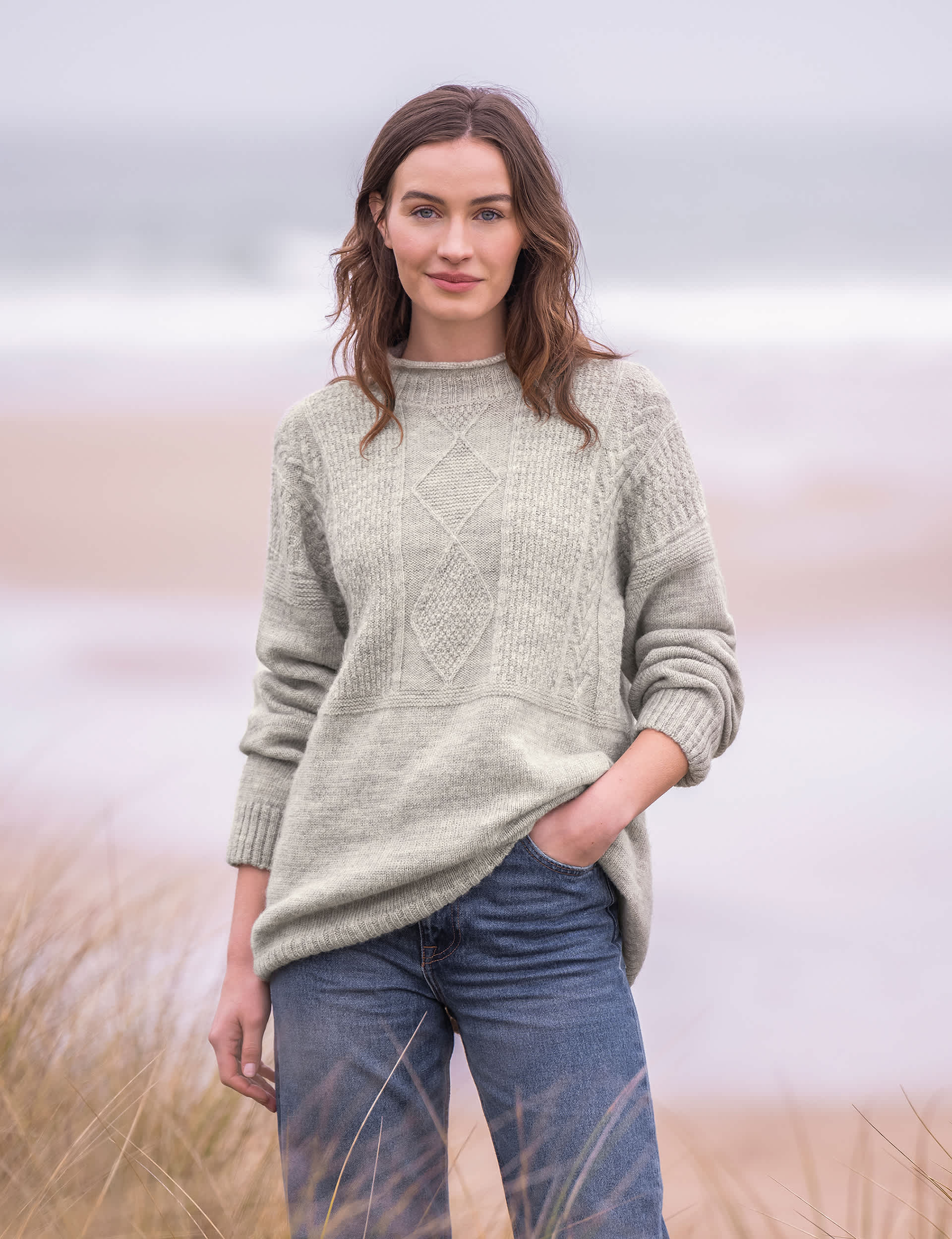 Celtic & Co. Women's Pure Wool Cable Knit Funnel Neck Jumper - M-L - Grey, Grey