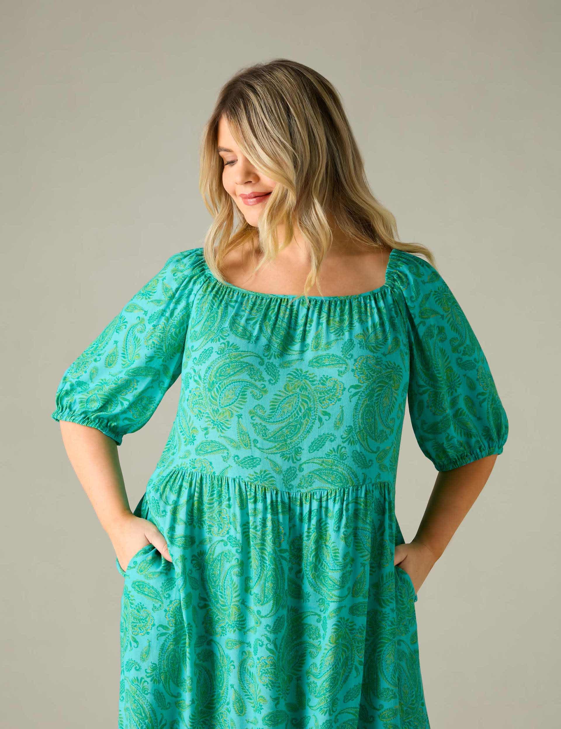 Live Unlimited London Women's Paisley Square Neck Maxi Tiered Dress - 16REG - Green Mix, Green Mix