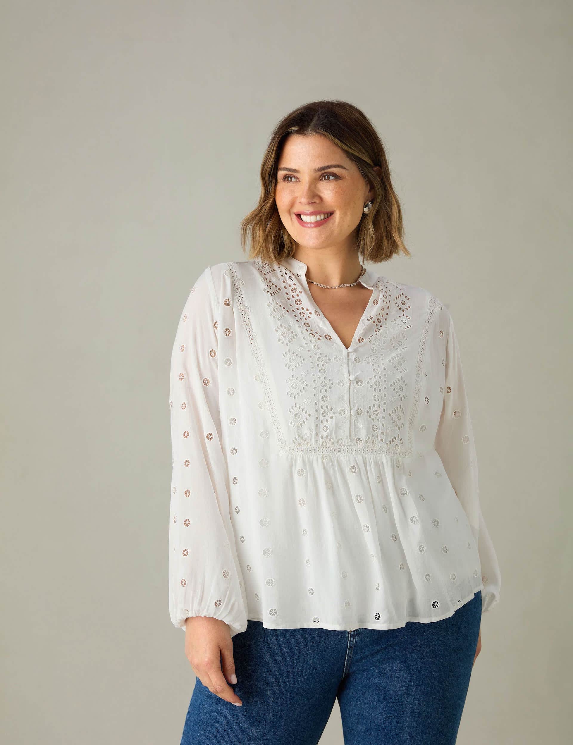 Live Unlimited London Women's Broderie Embroidered Notch Neck Blouse