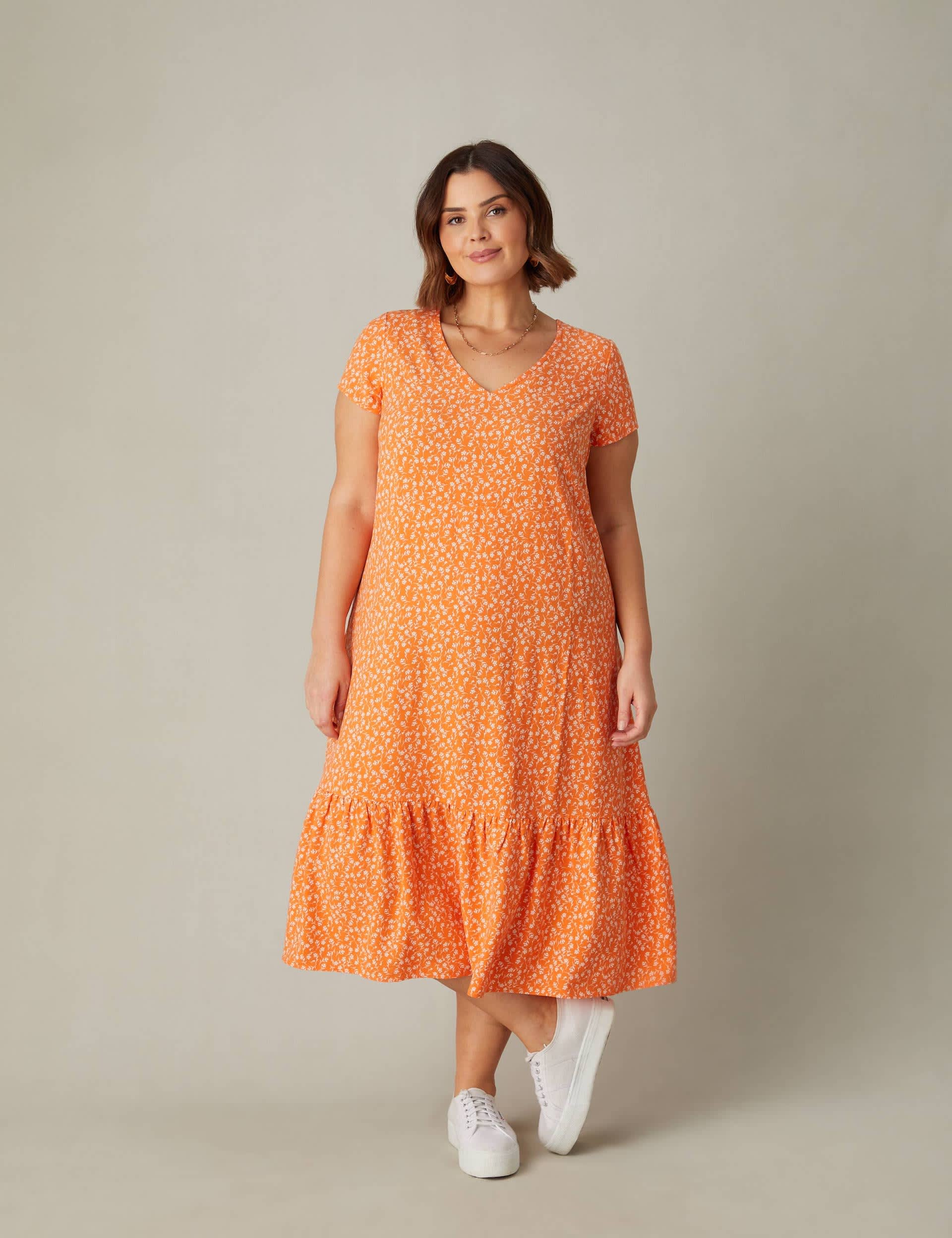 Live Unlimited London Women's Ditsy Floral V-Neck Midi Tiered Dress - 22 - Orange Mix, Orange Mix