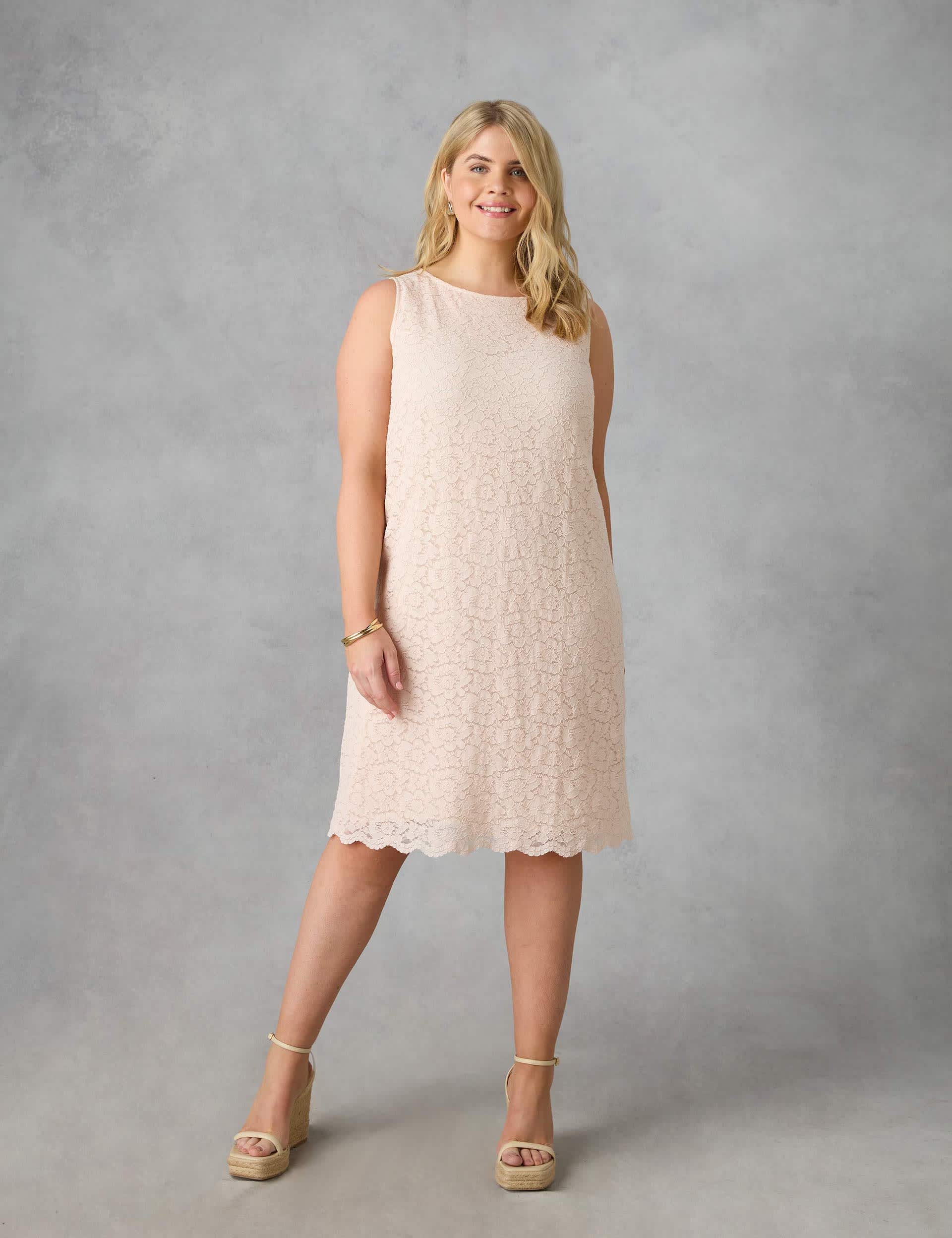 Live Unlimited London Women's Lace Round Neck Midi Shift Dress - 22 - Light Pink, Light Pink