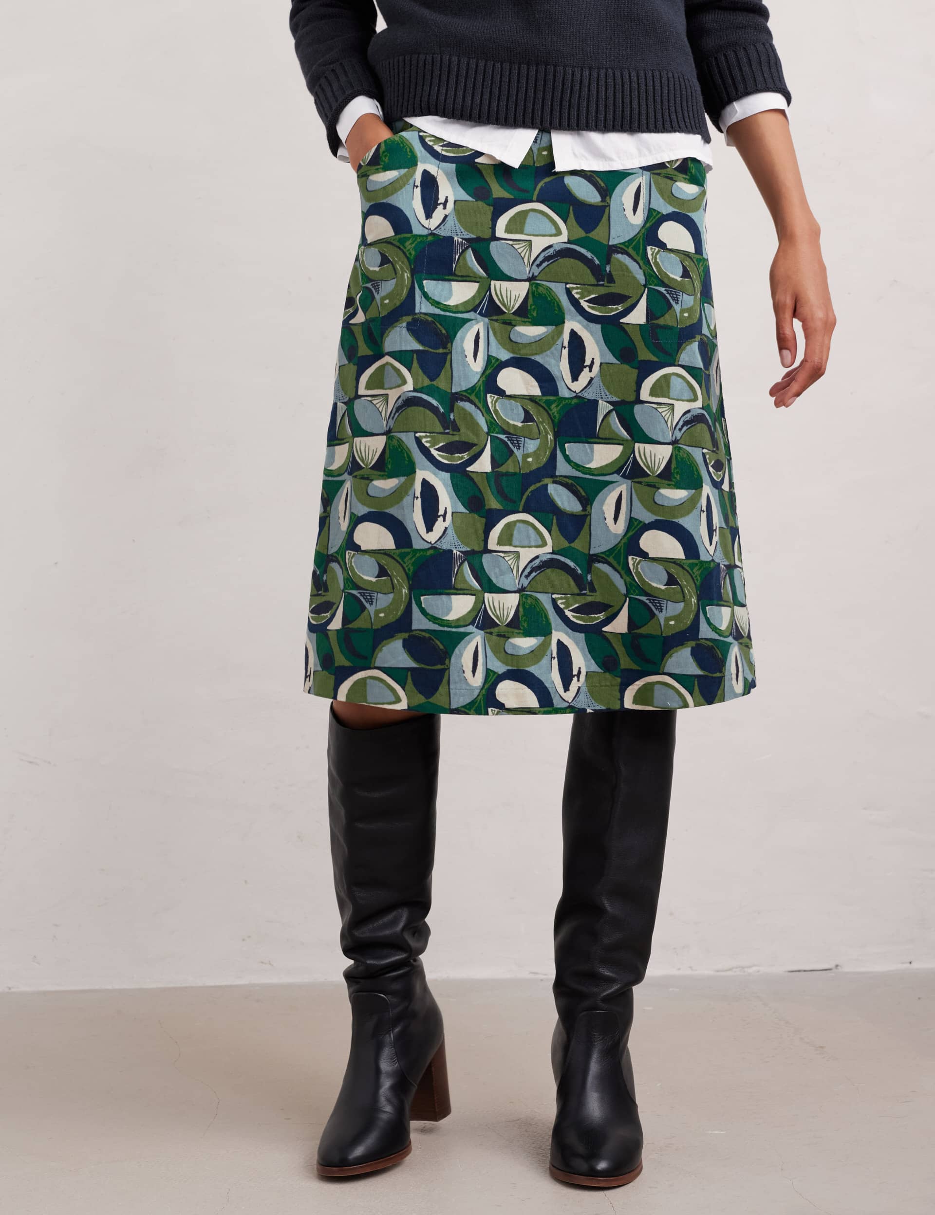 Seasalt Cornwall Women's Pure Cotton Printed Midi A-Line Skirt - 10 - Green Mix, Green Mix