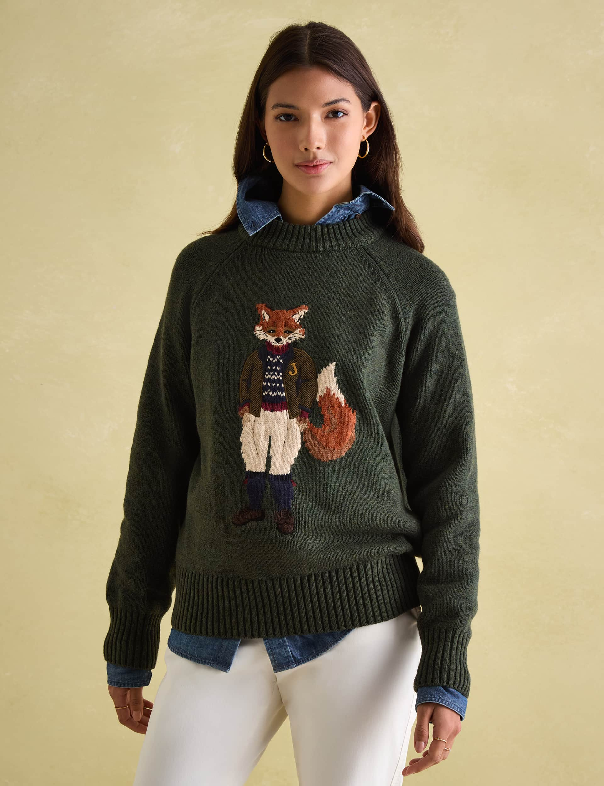 Joules Women Women's Fox Patterned Crew Neck Jumper with Wool - 18 - Dark Green Mix, Dark Green Mix