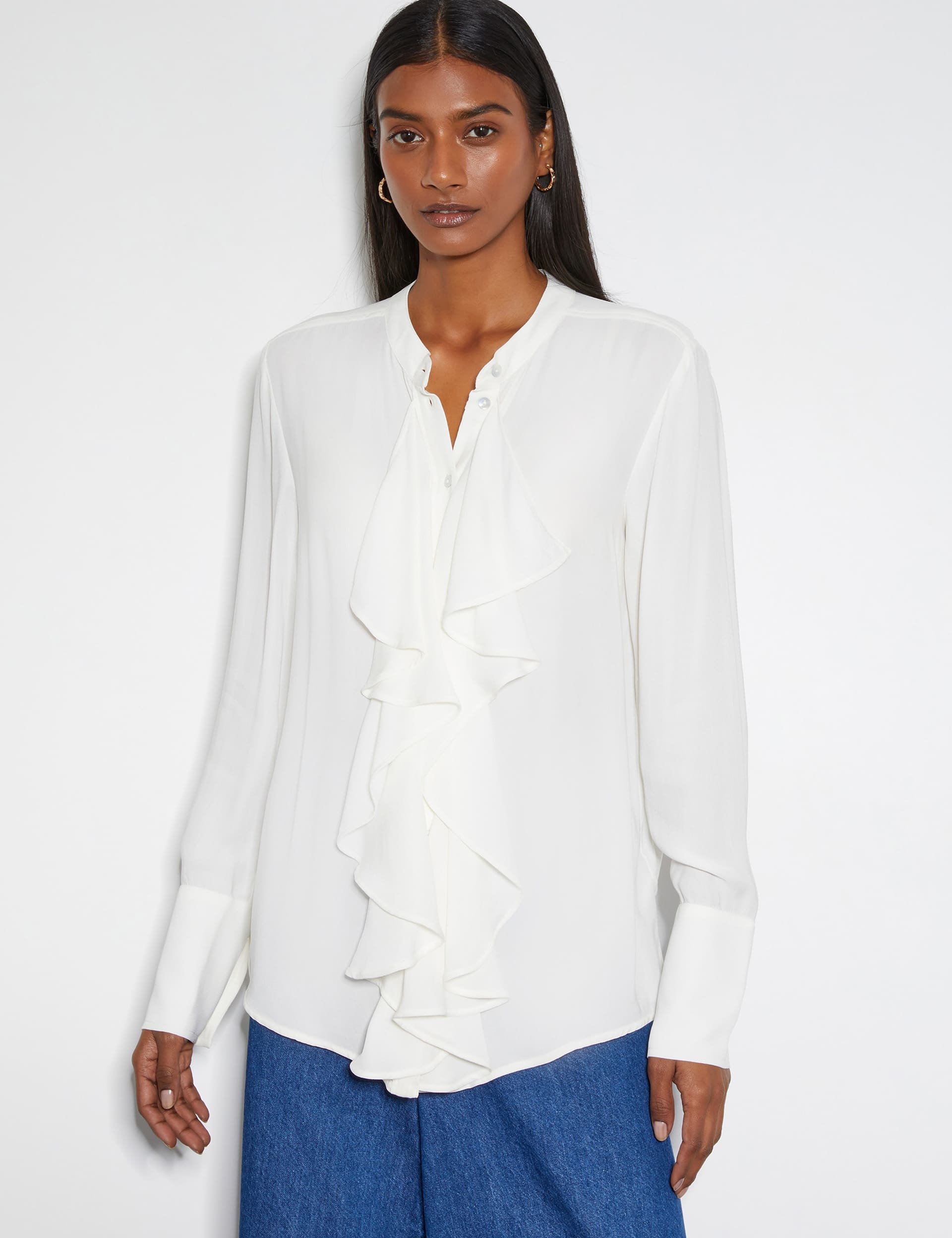 Monsoon Women's Frill Detail Button Through Blouse - Ivory, Ivory