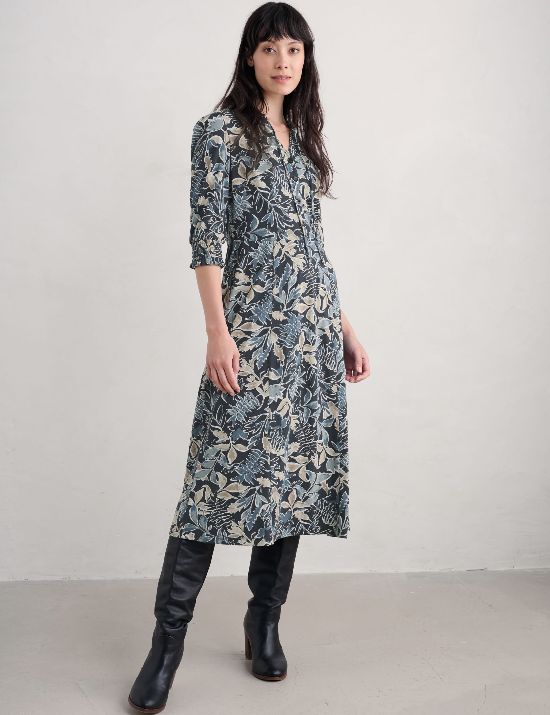 Seasalt Cornwall Women's Cotton Rich Leaf Print Notch Neck Midi Dress - 14 - Blue Mix, Blue Mix