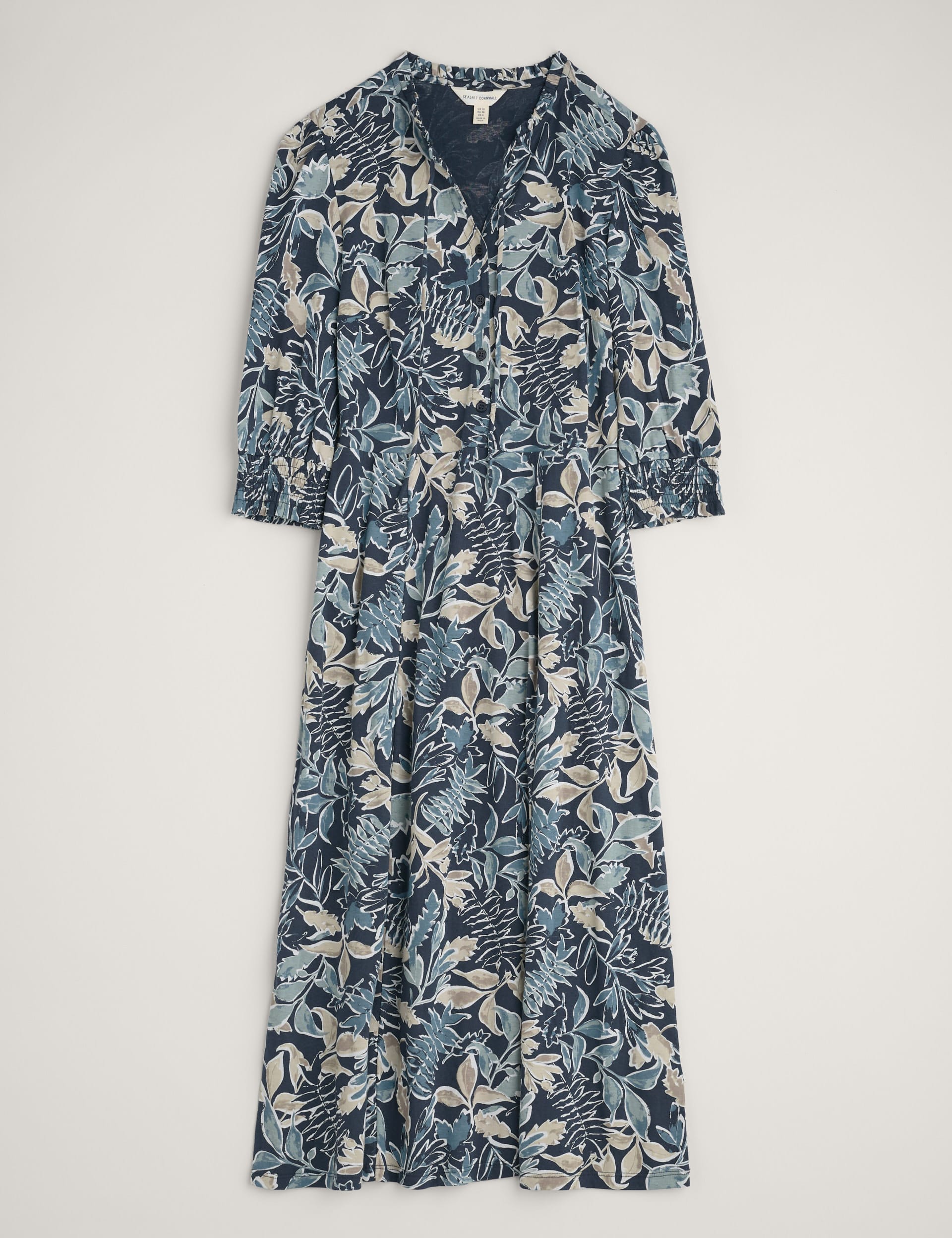 Seasalt Cornwall Women's Cotton Rich Leaf Print Notch Neck Midi Dress - 18 - Blue Mix, Blue Mix