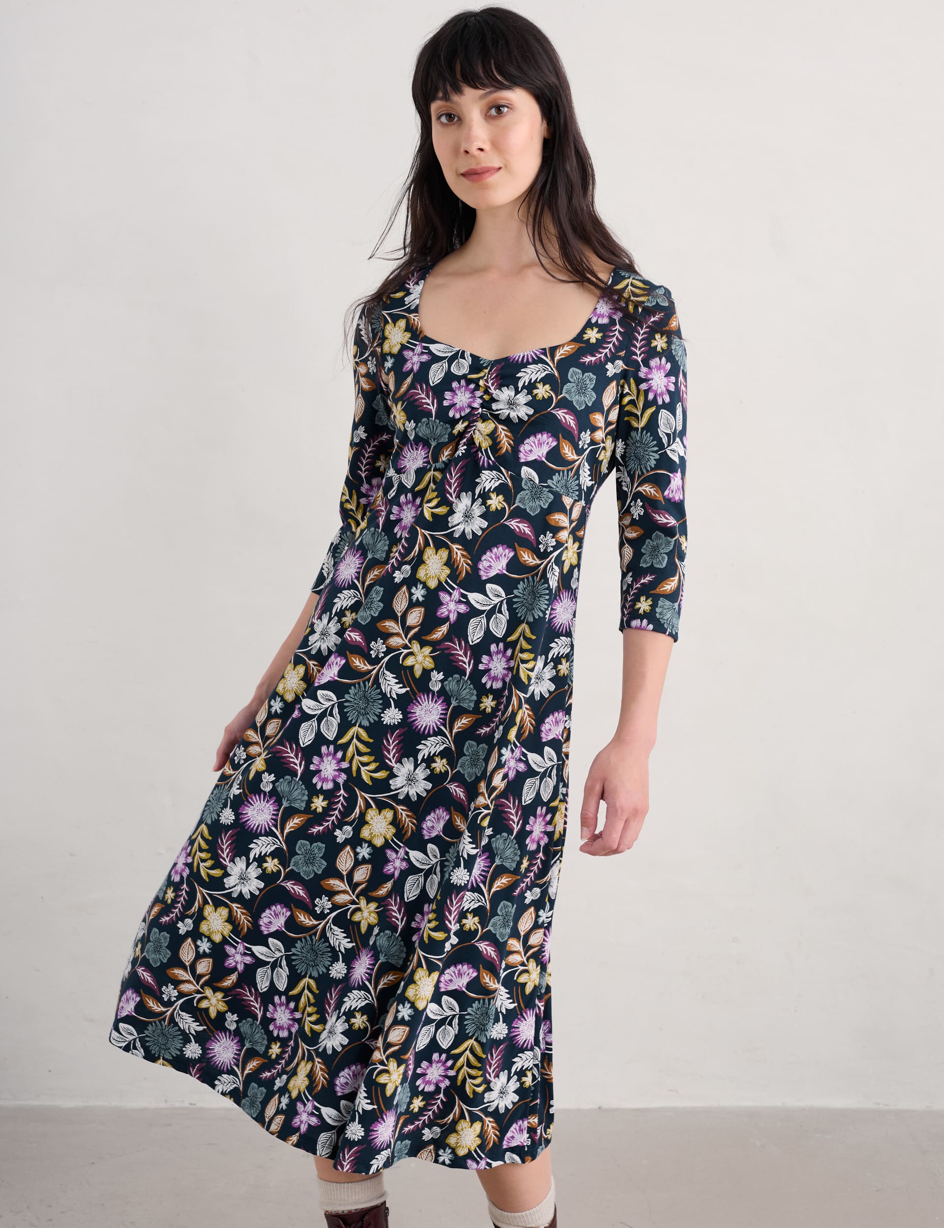 Seasalt Cornwall Women's Jersey Floral Sweetheart Neckline Midi Dress - 18 - Multi, Multi